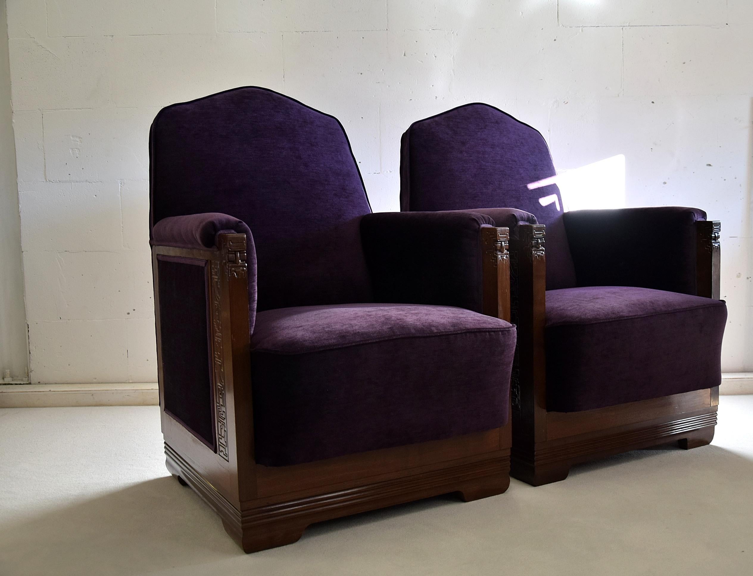 Art Deco Jatoba Lila Samt Lion Cachet Lounge Stühle im Angebot 2