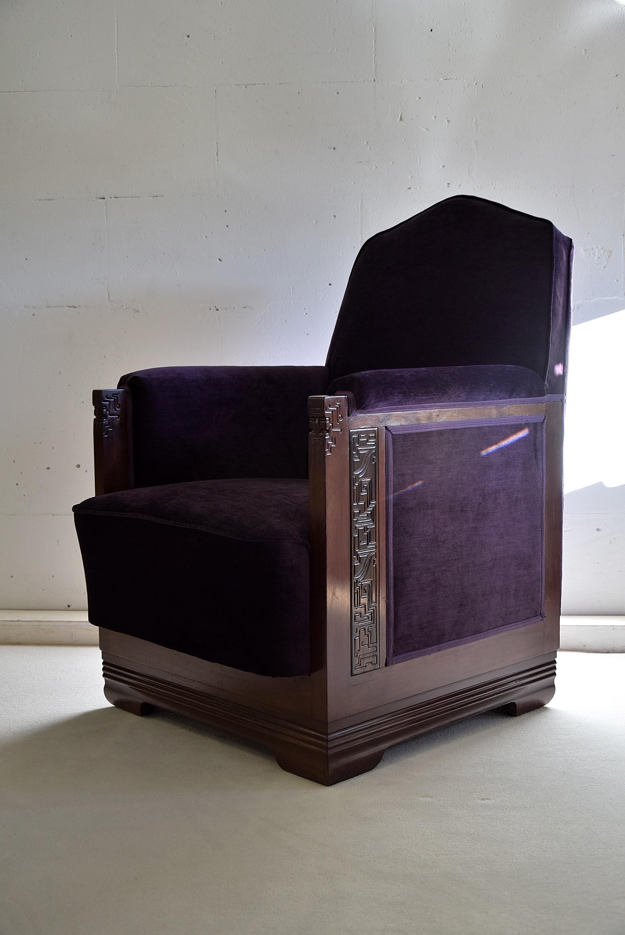Art Deco Jatoba Purple Velvet Lion Cachet Lounge Chairs For Sale 1