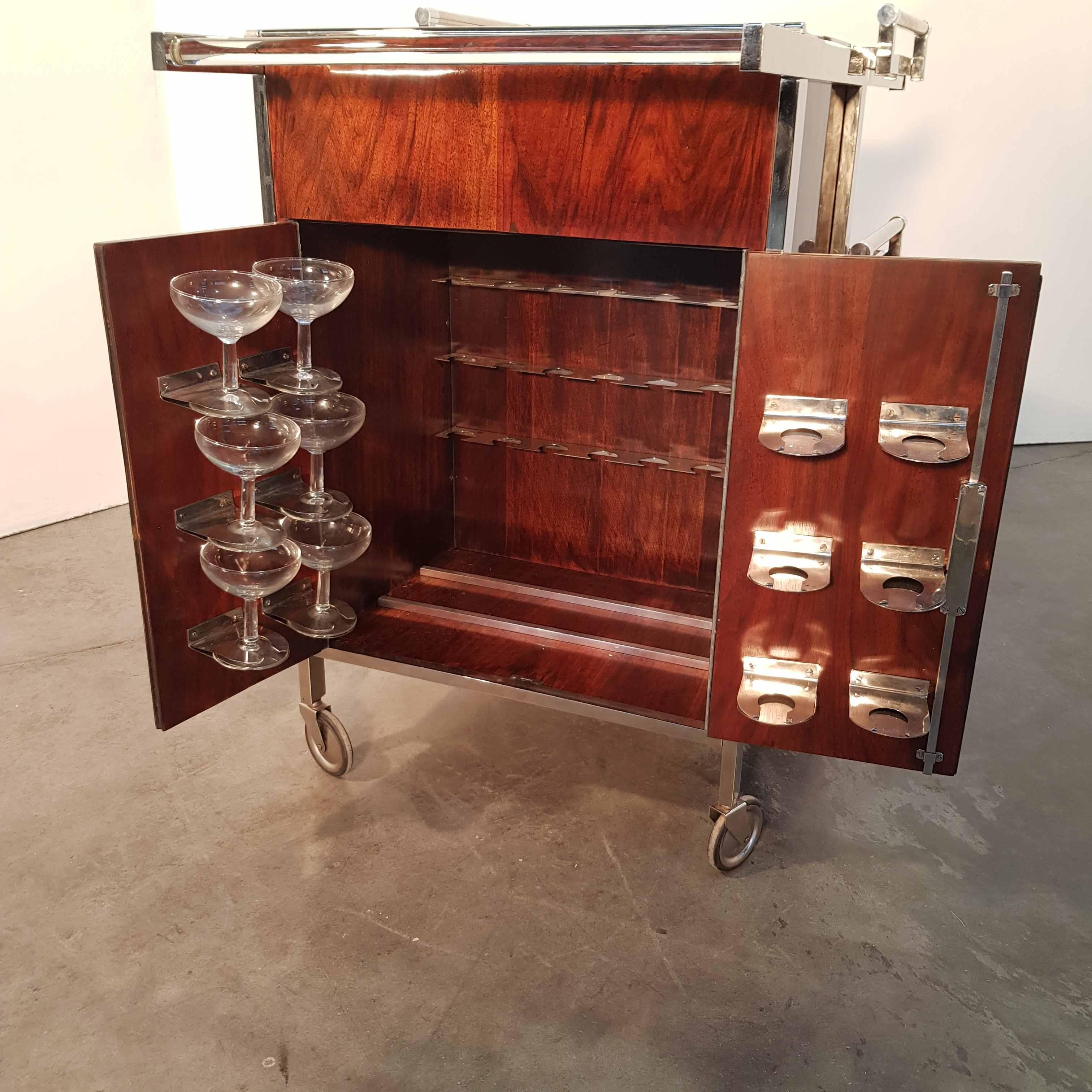 Art Deco Mahogany and Nickel Bar Cart for Collectors by Jacques Adnet For Sale 12
