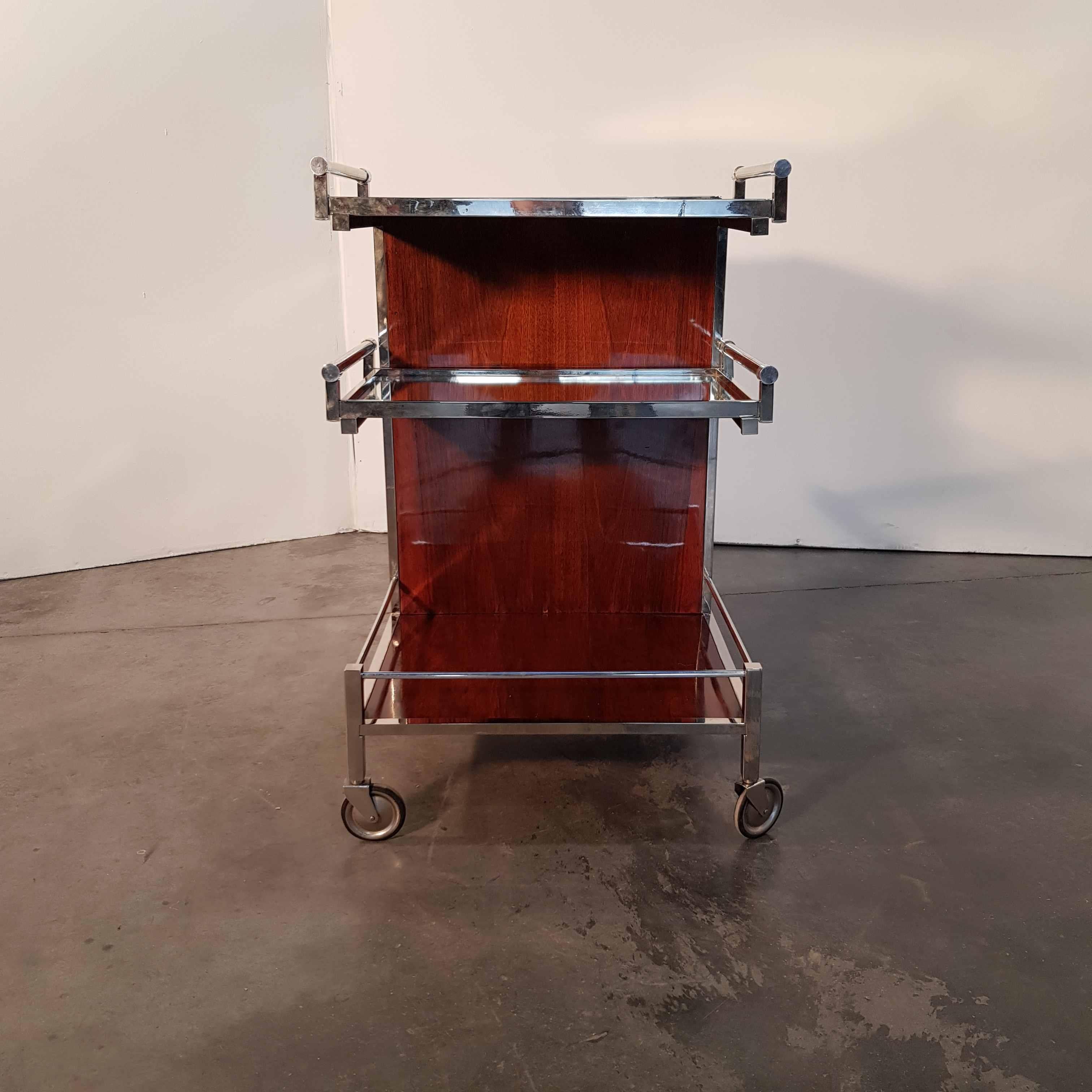 Plated Art Deco Mahogany and Nickel Bar Cart for Collectors by Jacques Adnet For Sale