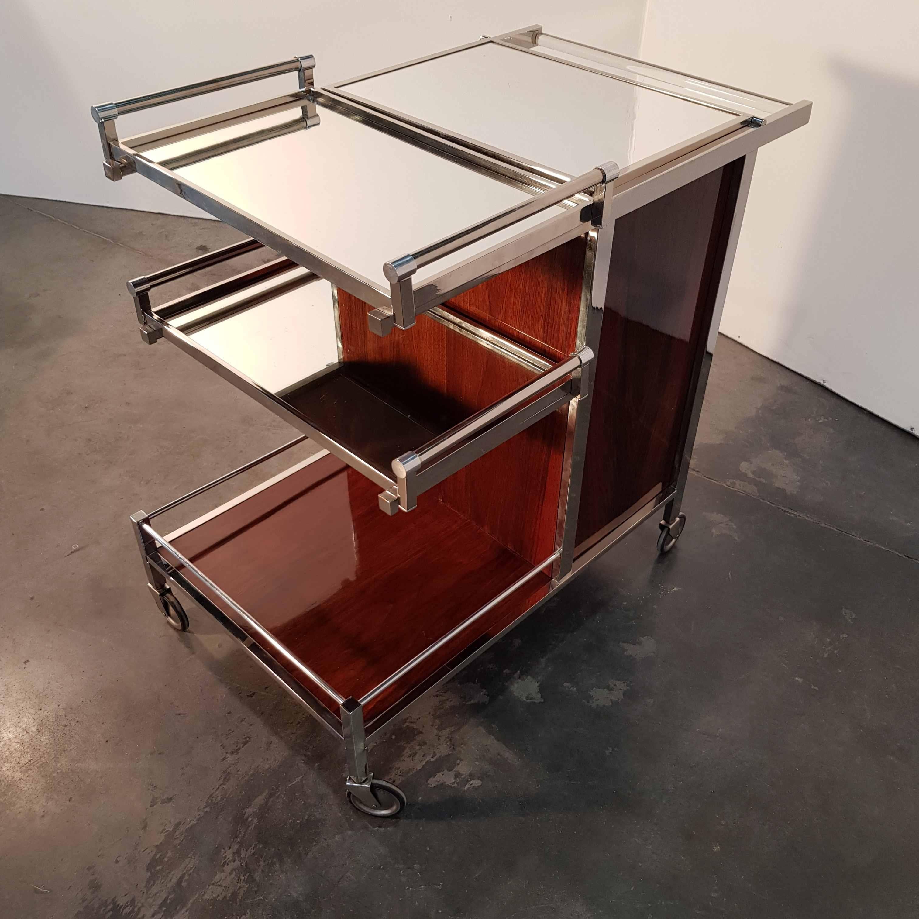 Art Deco Mahogany and Nickel Bar Cart for Collectors by Jacques Adnet In Fair Condition For Sale In Budapest, Budapest