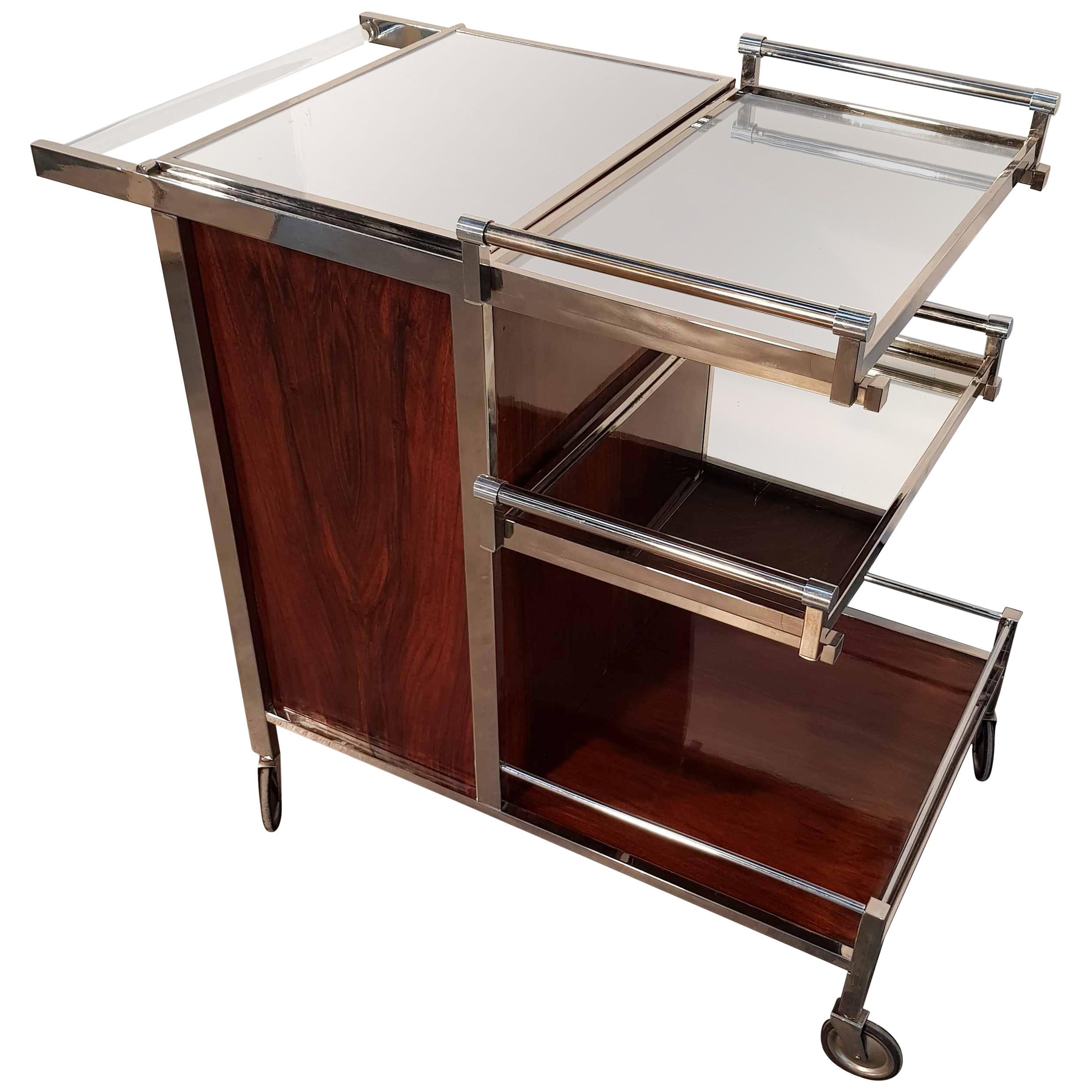 Art Deco Mahogany and Nickel Bar Cart for Collectors by Jacques Adnet For Sale