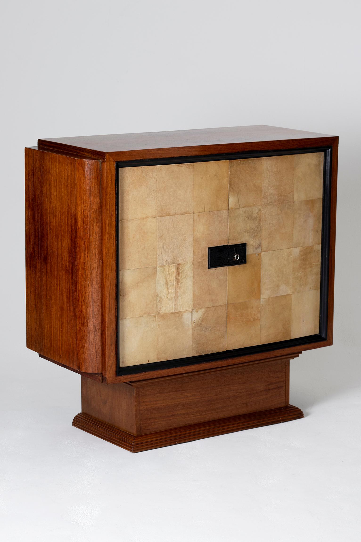 Leather Art Deco Mahogany and Velum Cabinet