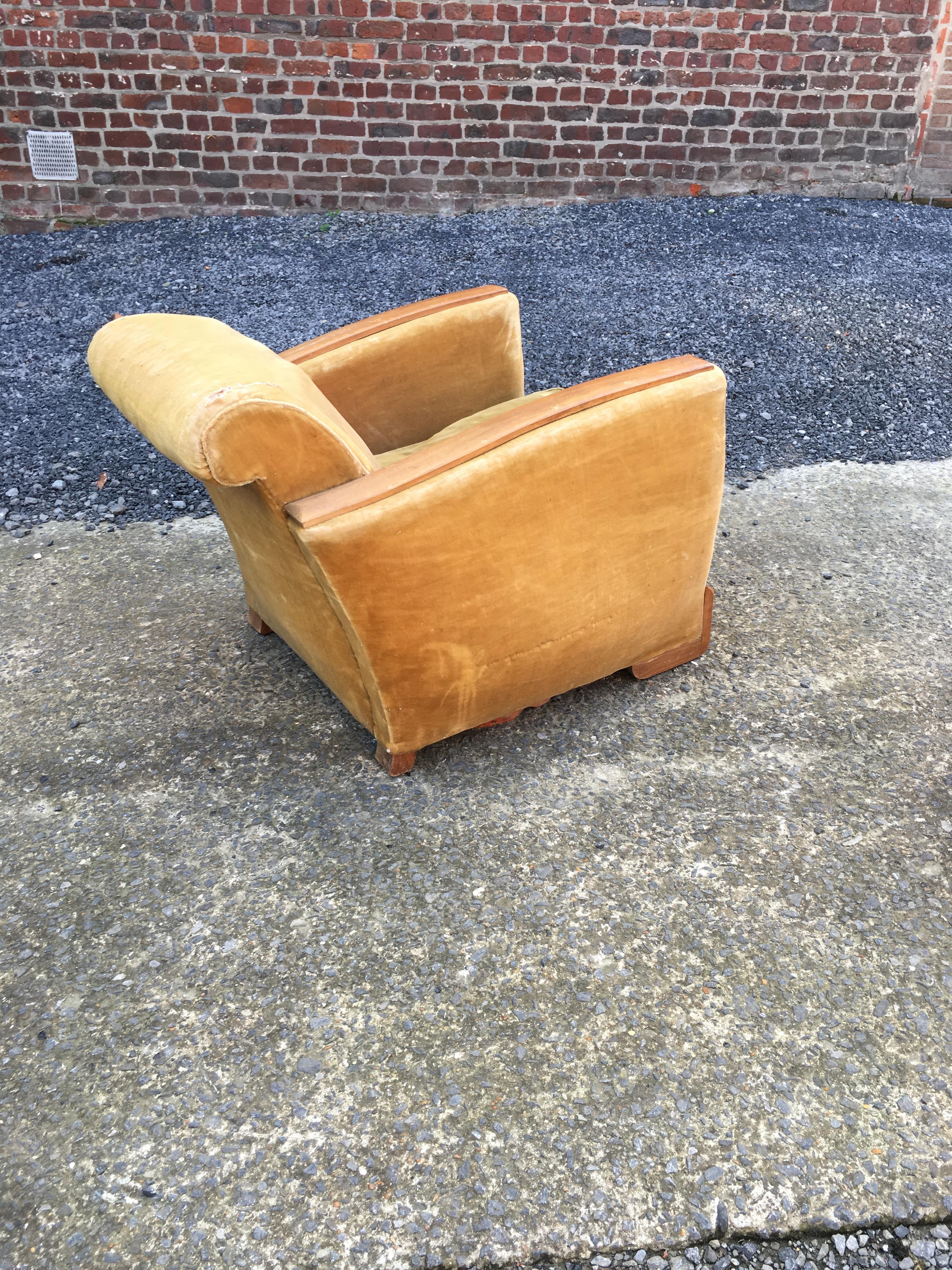 Velvet Art Deco Mahogany Armchair and its Footrest, circa 1930 For Sale