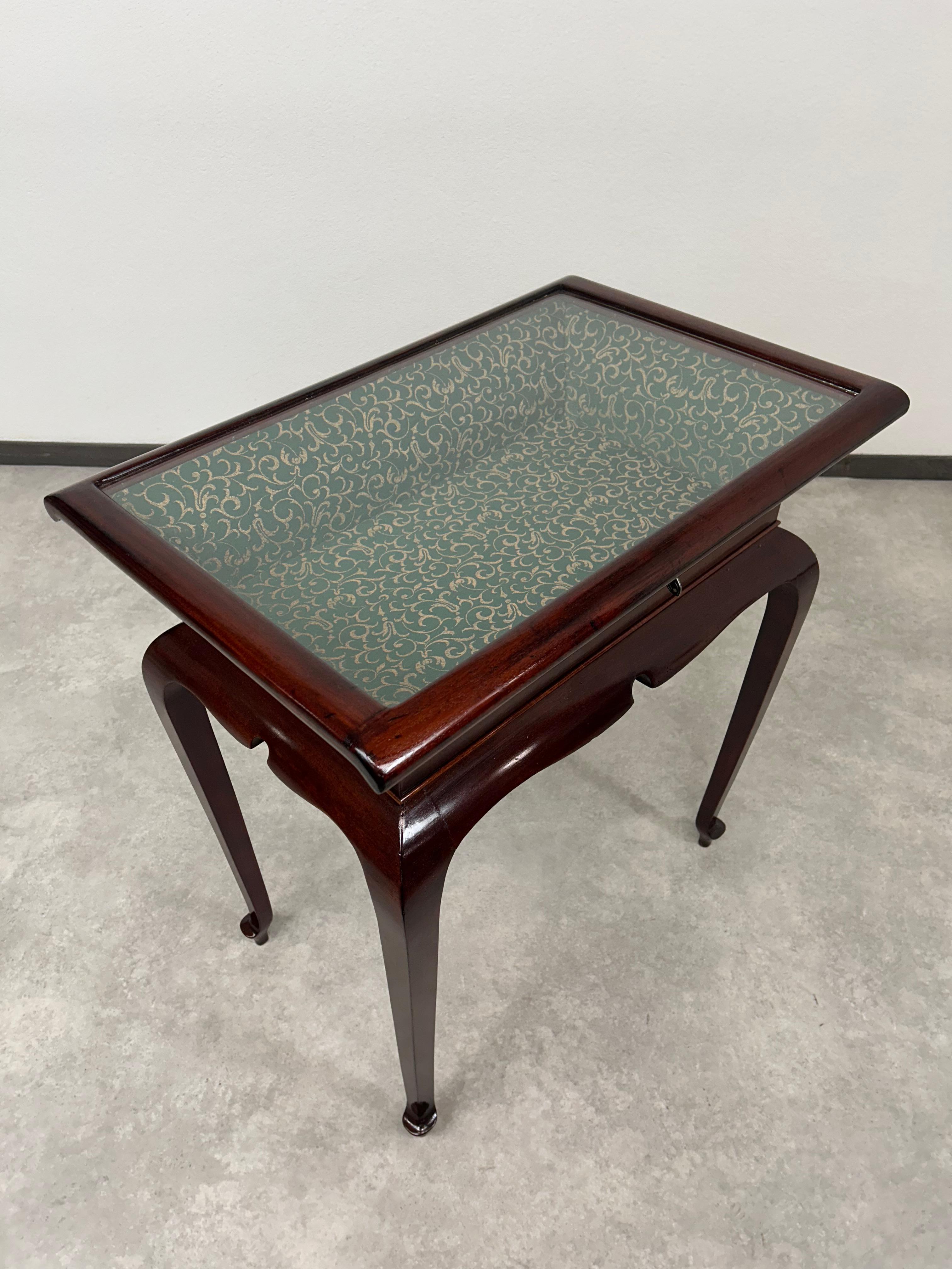 Glass Art deco mahogany bijouterie display cabinet table For Sale