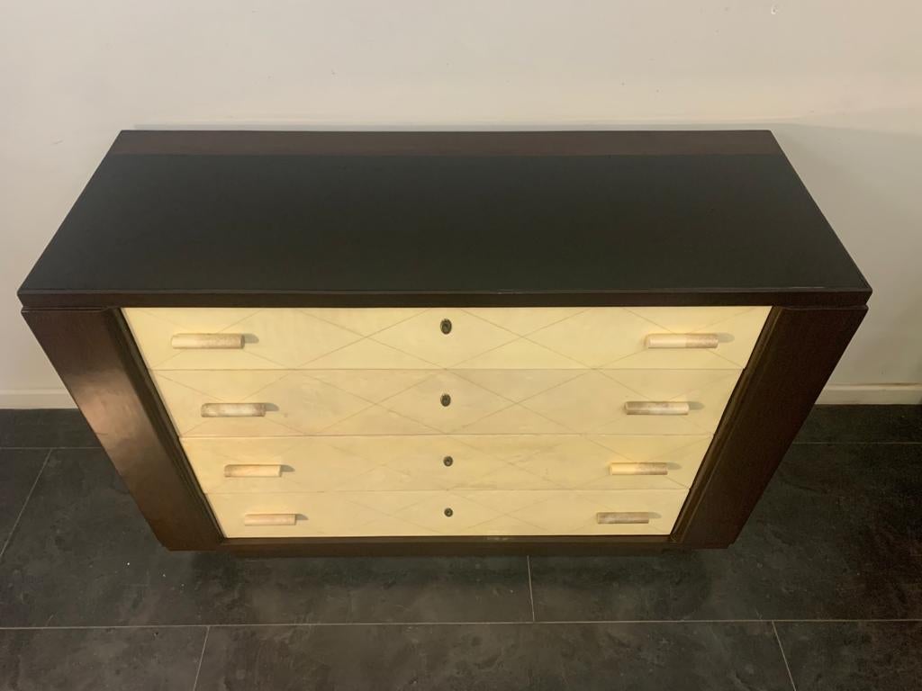 Art Deco Mahogany Chest of Drawers with Parchment Handles, 1940s For Sale 2