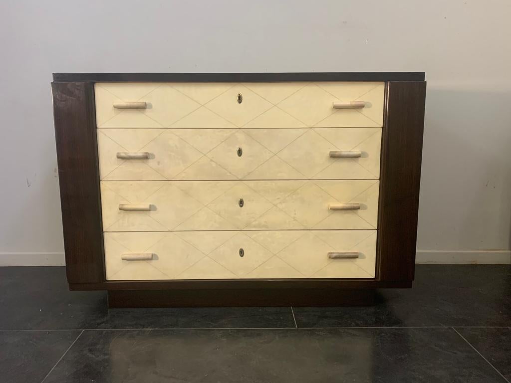 Art Deco Mahogany Chest of Drawers with Parchment Handles, 1940s For Sale 3