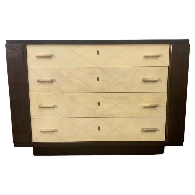 Art Deco Mahogany Chest of Drawers with Parchment Handles, 1940s For Sale