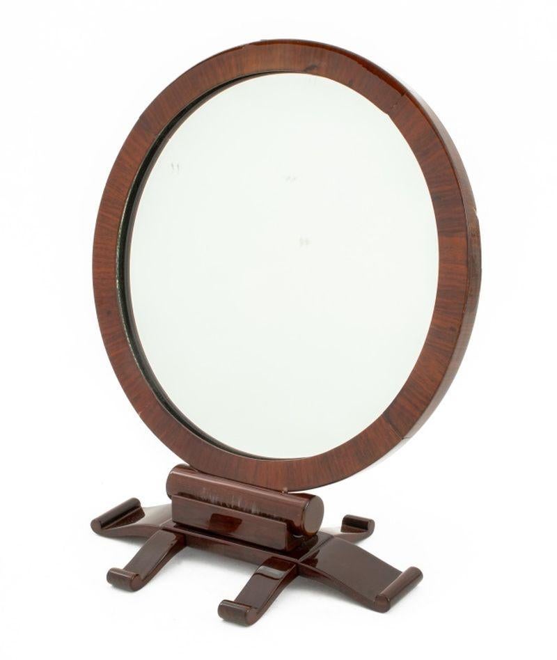Miroir circulaire de table Art Déco en acajou, sur pied réglable en acajou. 14.5