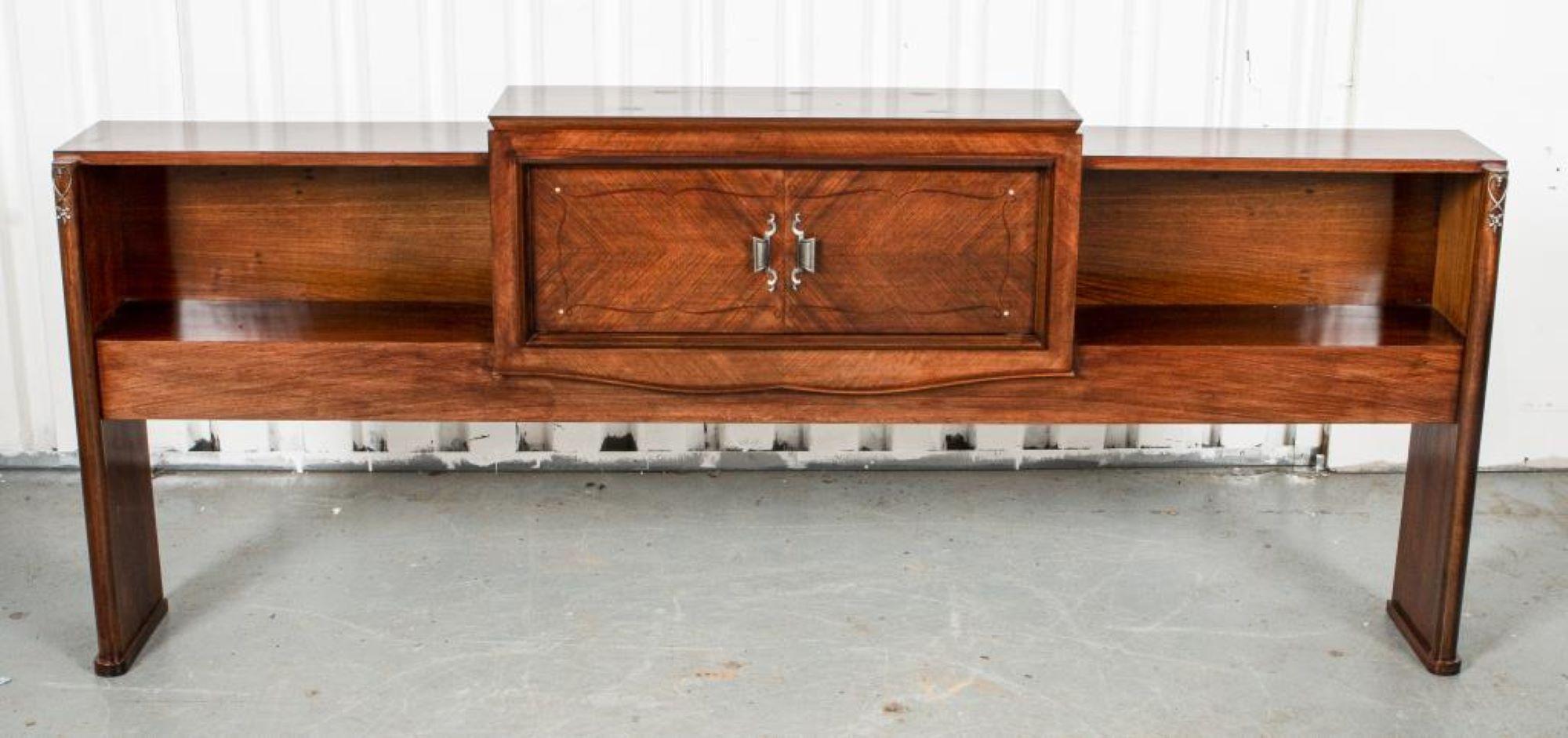 Rectangular Art Deco Style Moderne inlaid mahogany console/cocktail cabinet in the Leleu manner. 32.5