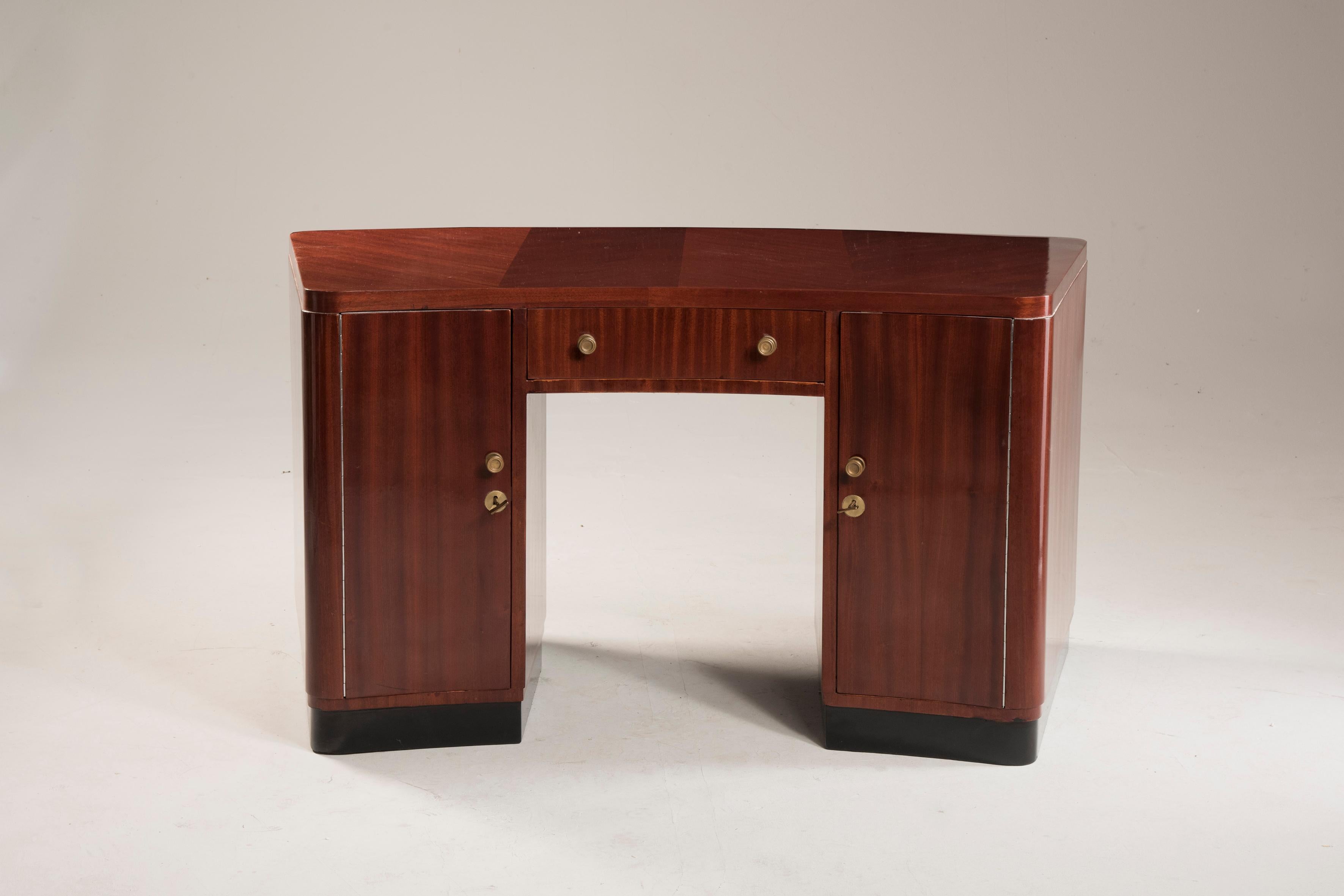 French Art Deco Mahogany Curved Desk with doors and drawers