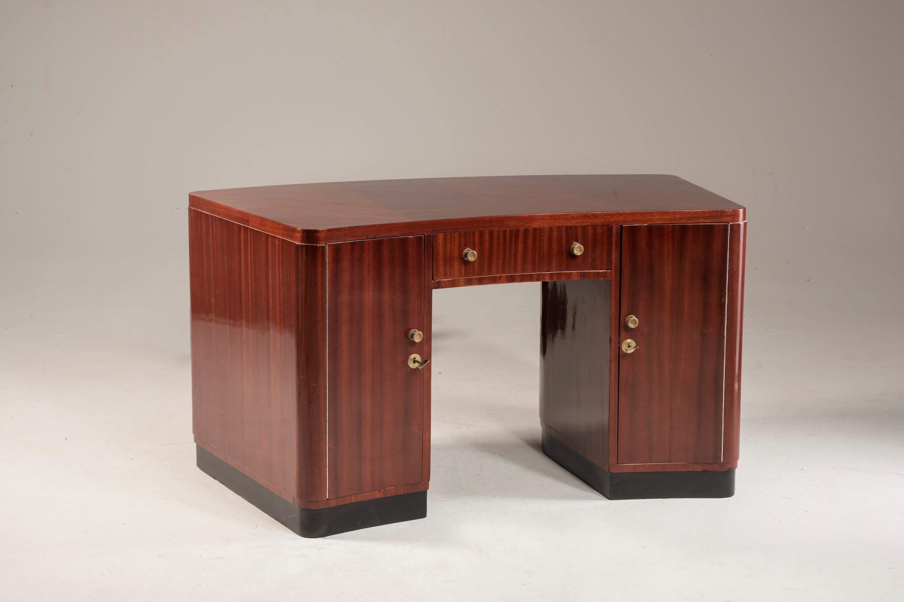 20th Century Art Deco Mahogany Curved Desk with doors and drawers