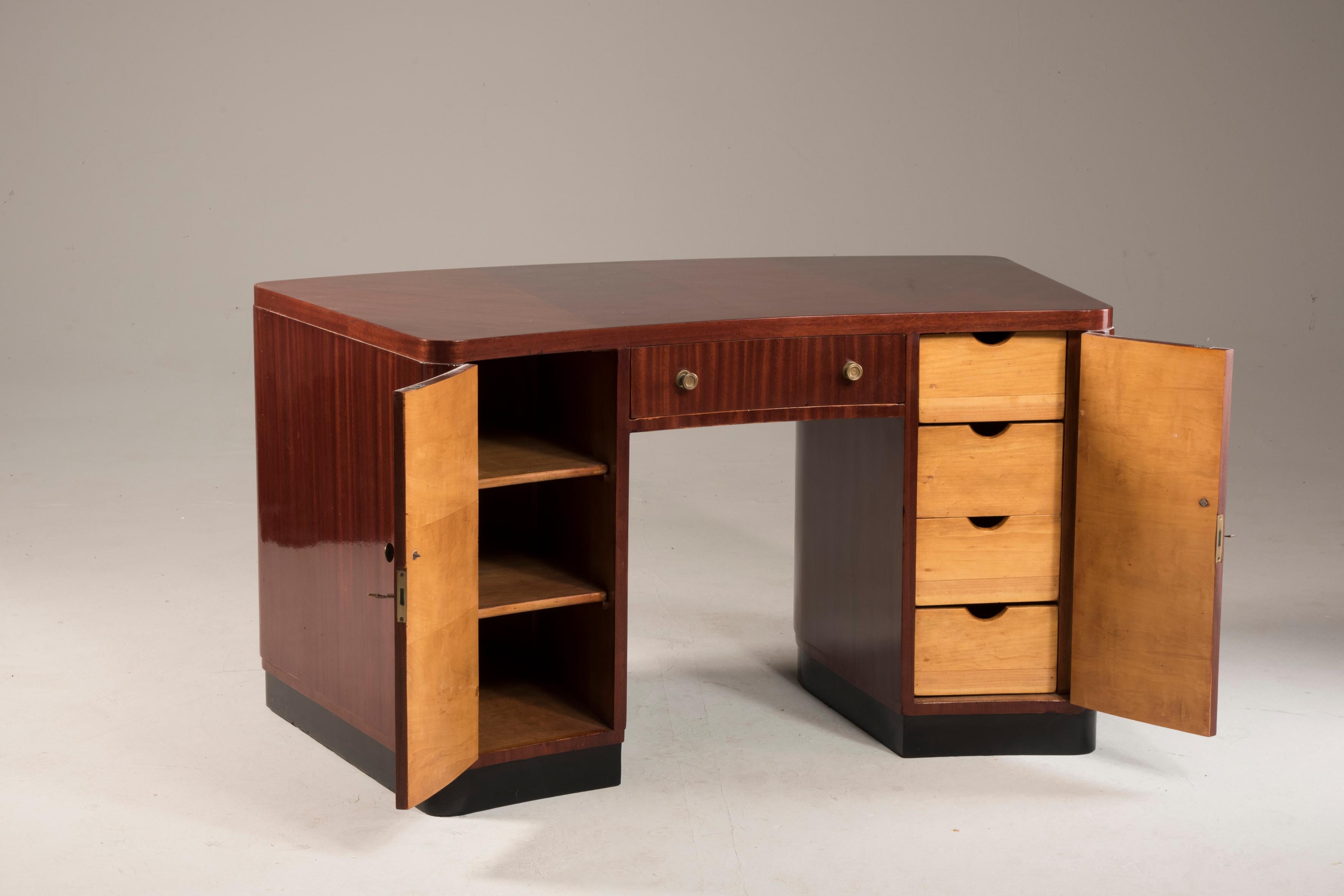 Art Deco Mahogany Curved Desk with doors and drawers 1
