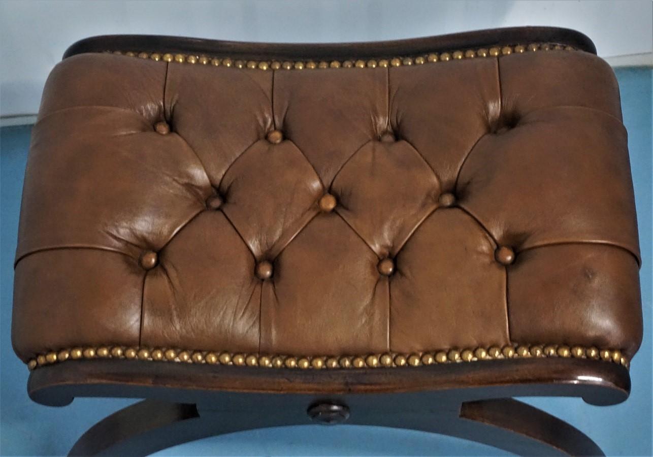 French Art Deco Mahogany Leather Buttoned Foot Stool, Ottoman