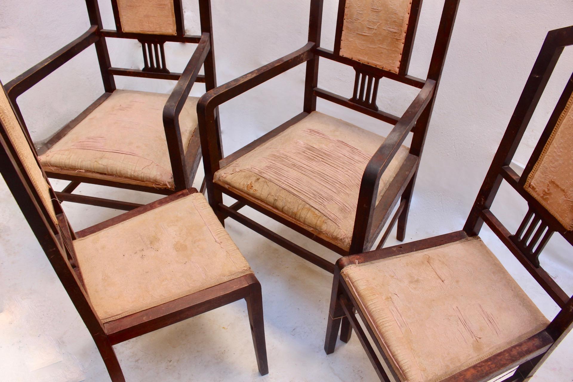 Art Deco Beech Living Room Set Settee and 4 Chairs, Spain, 1930s For Sale 8