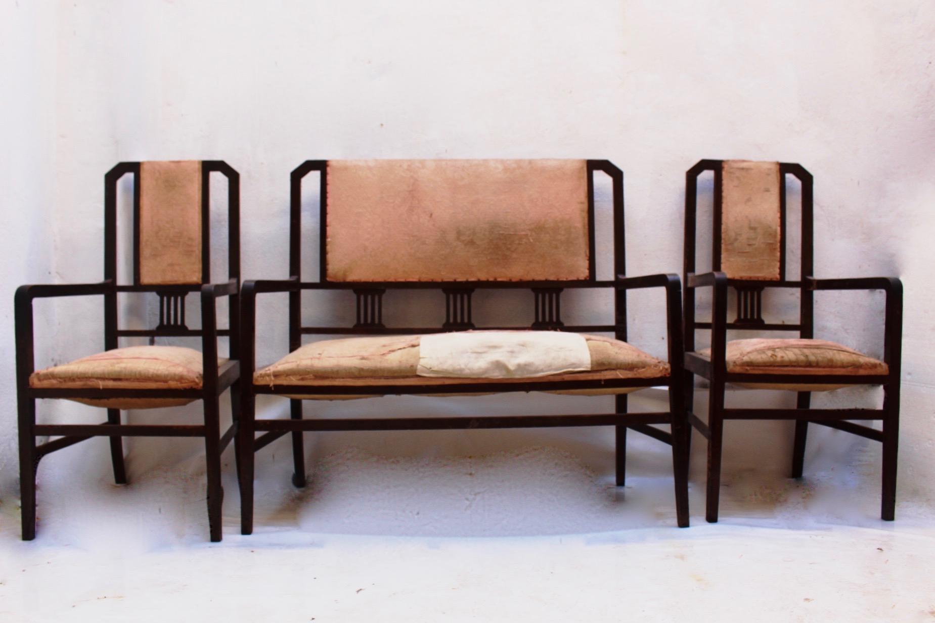 Art Deco Beech Living Room Set Settee and 4 Chairs, Spain, 1930s For Sale 11