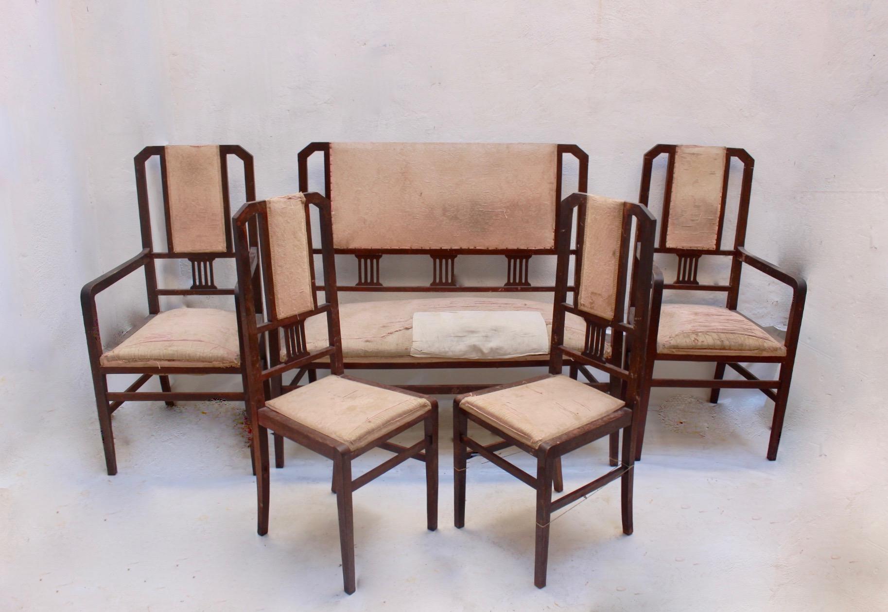 Art Deco Beech Living Room Set Settee and 4 Chairs, Spain, 1930s For Sale 14