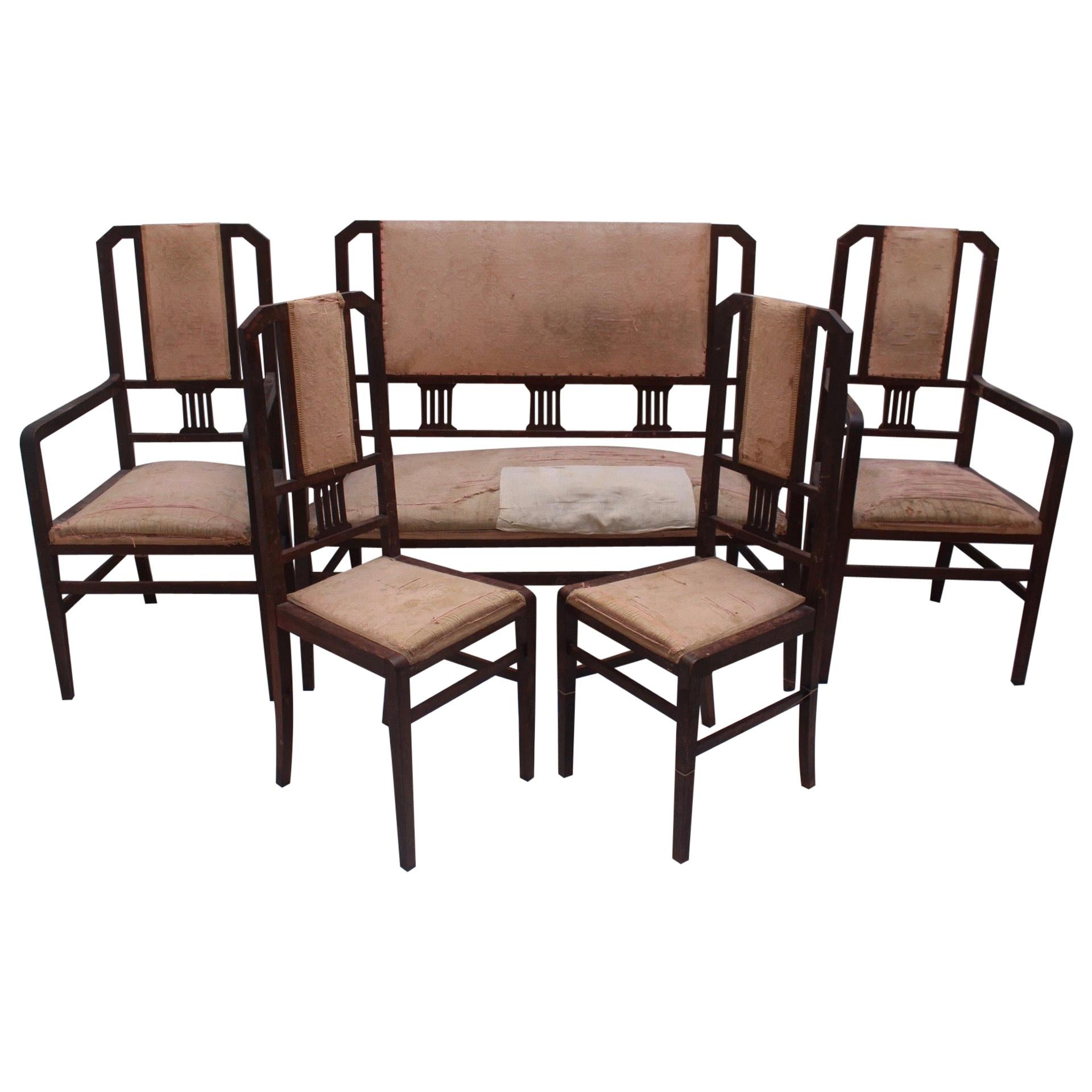 Art Deco Beech Living Room Set Settee and 4 Chairs, Spain, 1930s For Sale