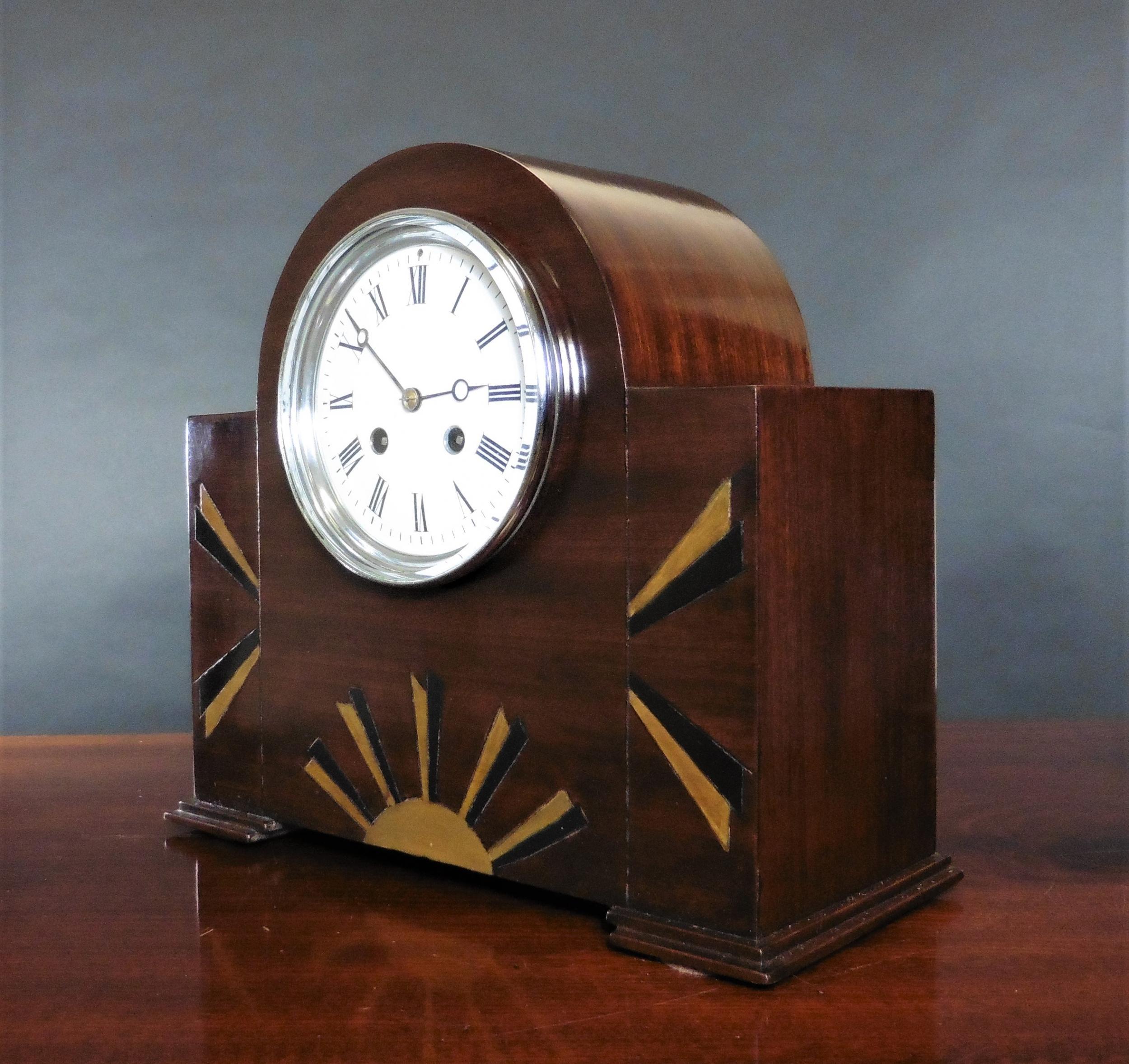 French Art Deco Mahogany Mantel Clock For Sale