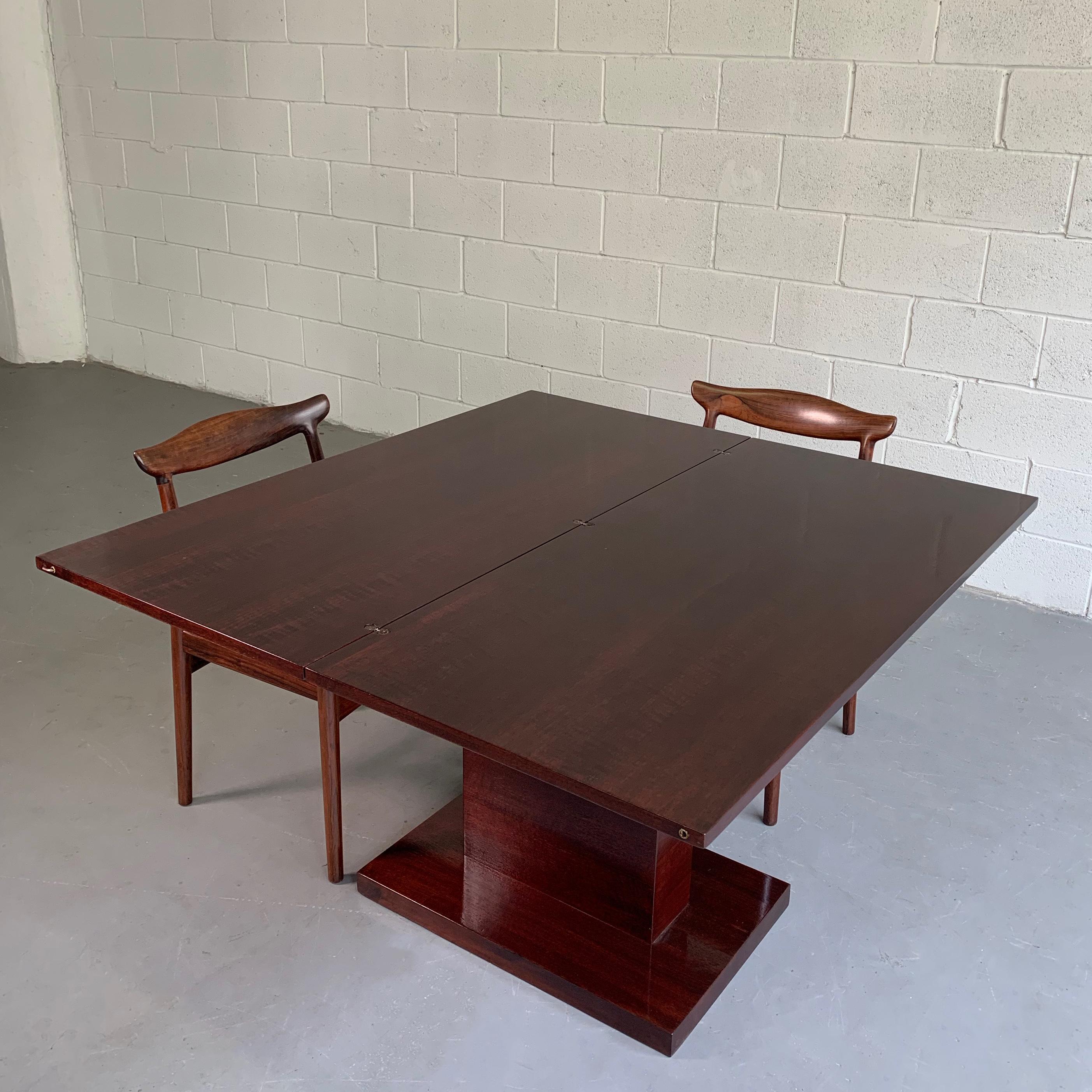 Brass Art Deco Mahogany Pedestal Console Dining Table in the Manner of Donald Deskey