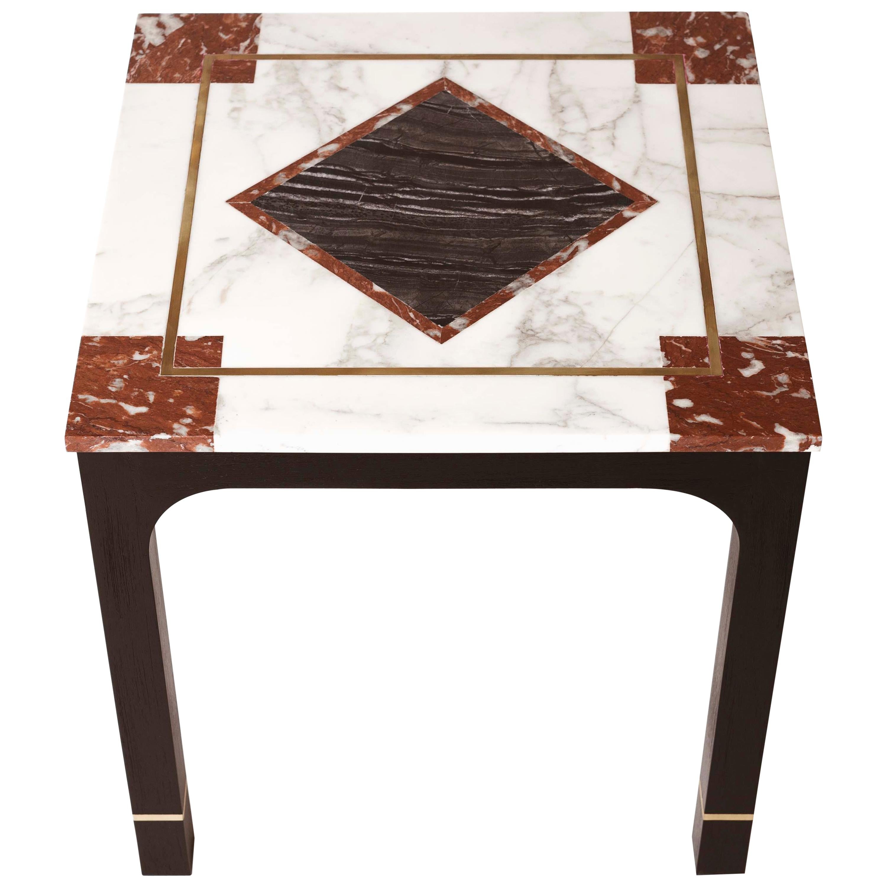 Art Deco Style Oak Side Table with Brass Inlays and Marble Cover with Brass 1