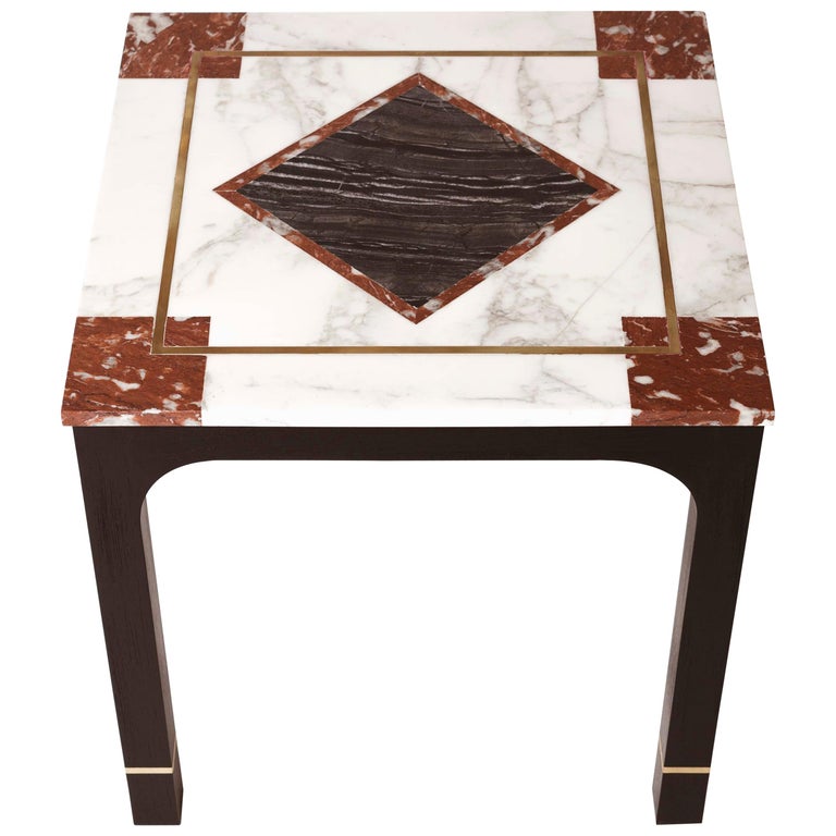 Oak side table with marble top and brass inlay, new