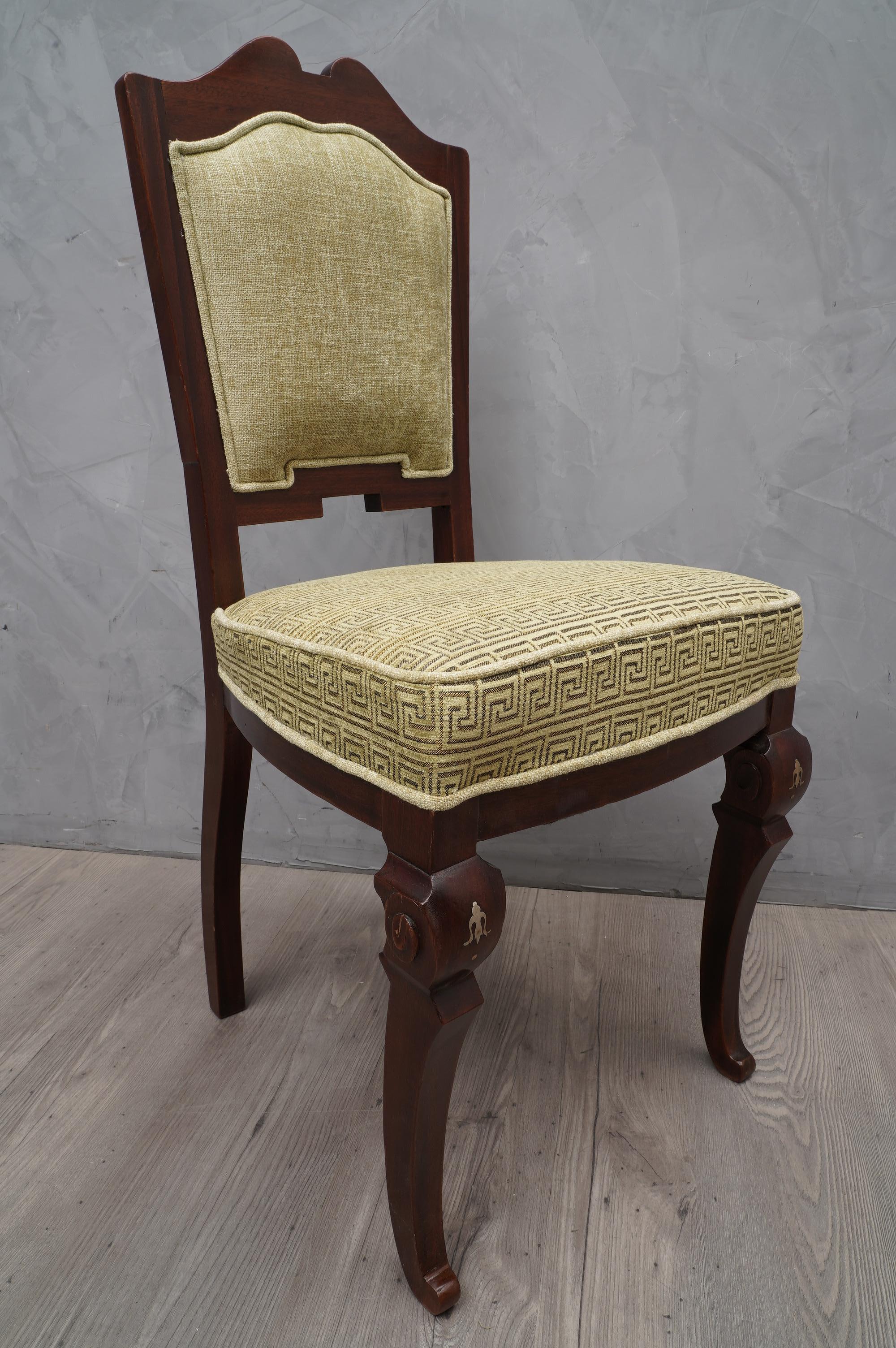 Italian Art Deco Mahogany Wood and Geometric Green Velvet Chairs, 1920 For Sale