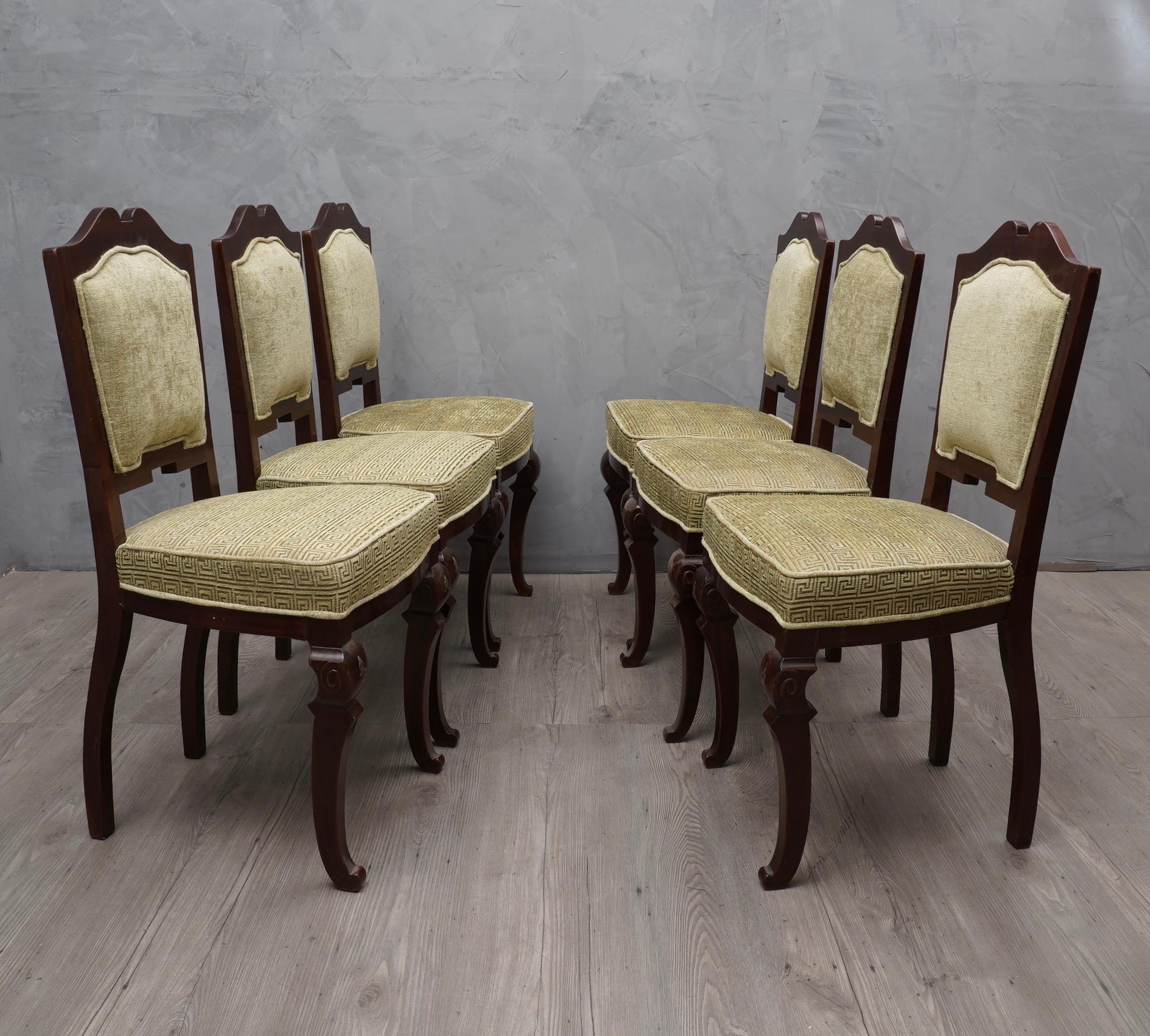 Early 20th Century Art Deco Mahogany Wood and Geometric Green Velvet Chairs, 1920 For Sale