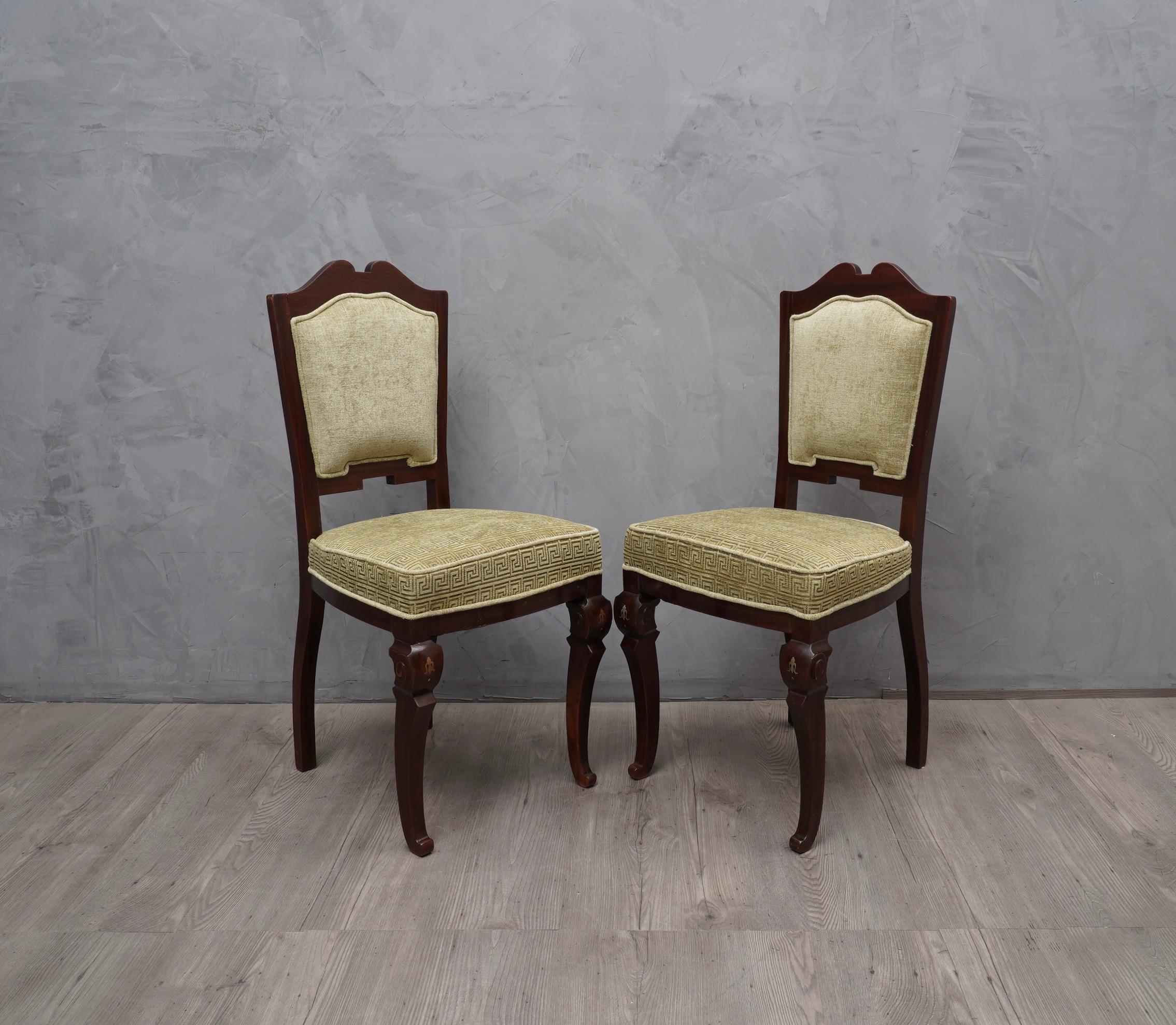 Art Deco Mahogany Wood and Geometric Green Velvet Chairs, 1920 For Sale 1