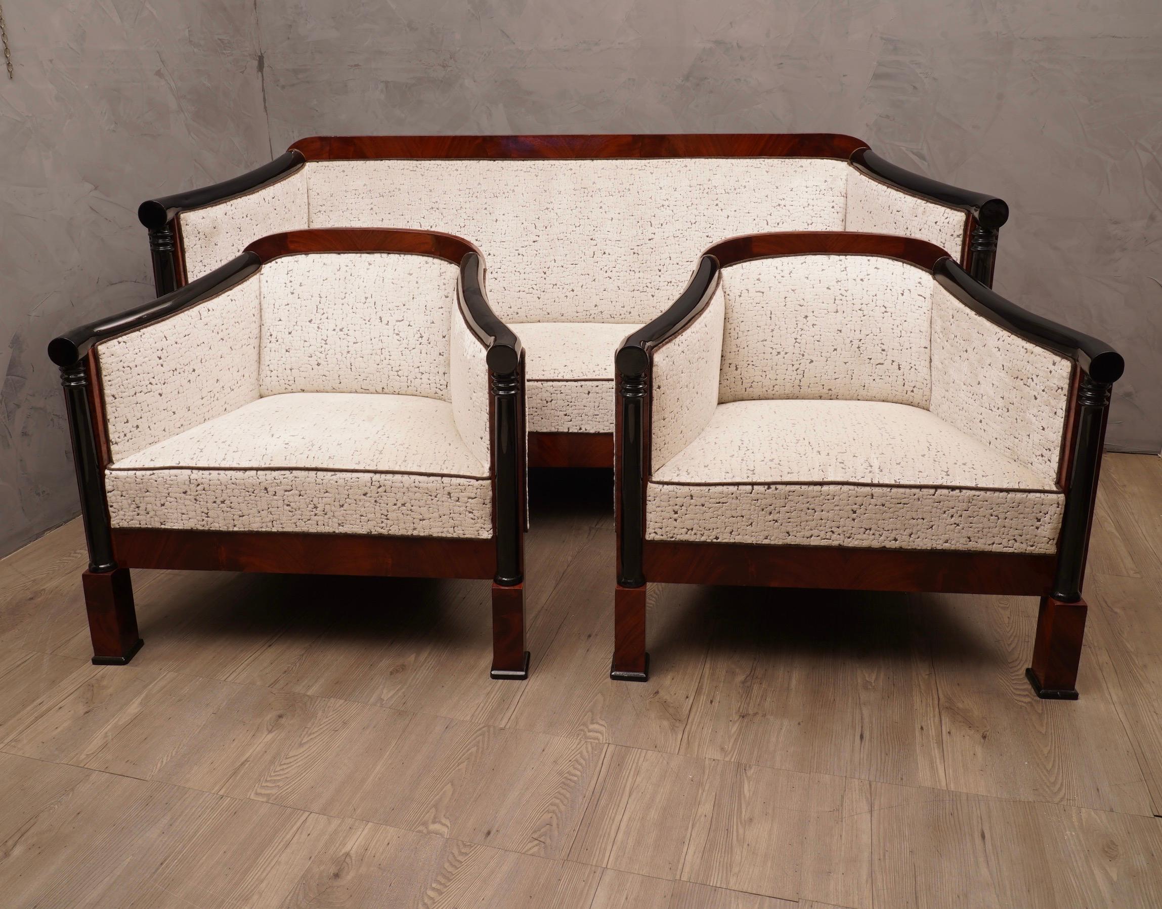 Beech Art Deco Walnut Wood and White Velvet Armchairs, 1940 For Sale