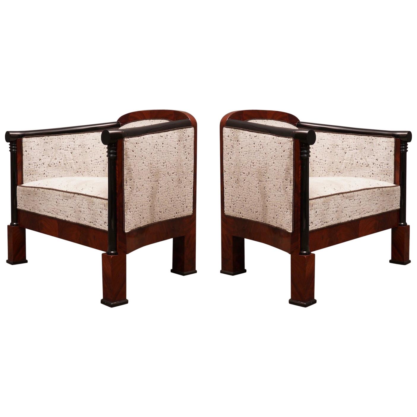 Art Deco Walnut Wood and White Velvet Armchairs, 1940