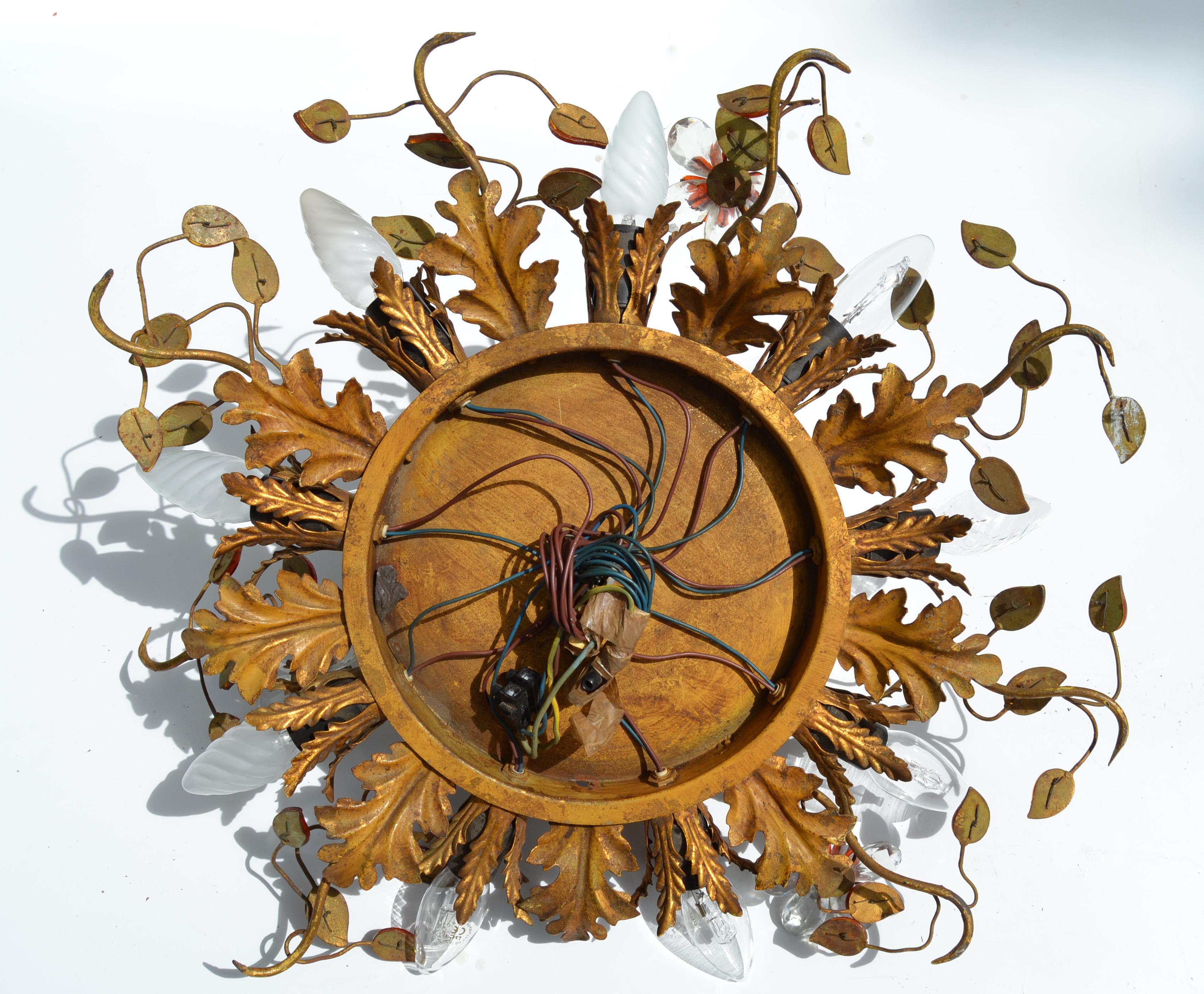 Art Deco Maison Baguès 15 Lights Flush Mount Glass & Gilt Iron Ceiling Light 4