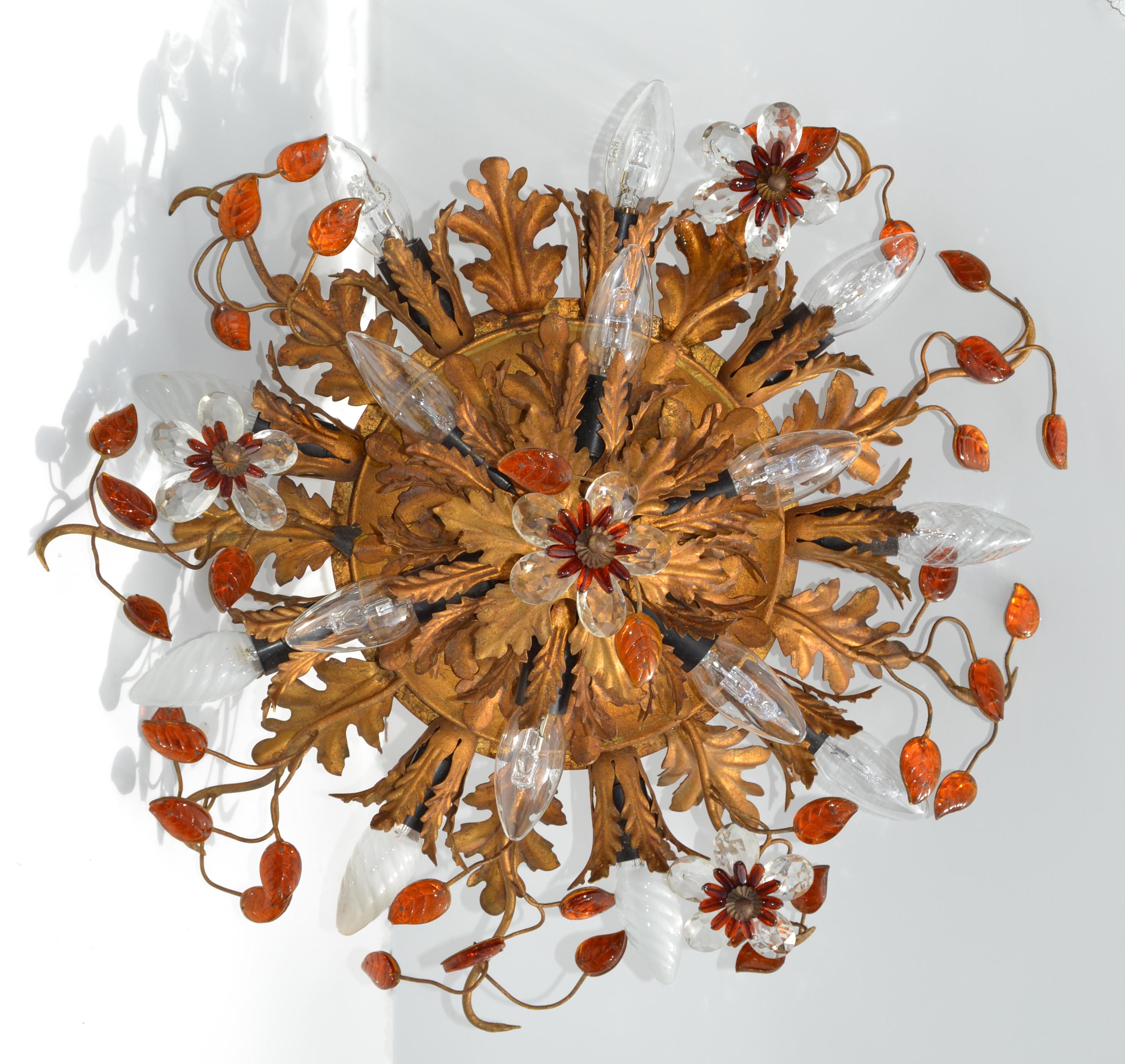Art Deco Maison Baguès 15 Lights Flush Mount Glass & Gilt Iron Ceiling Light 8
