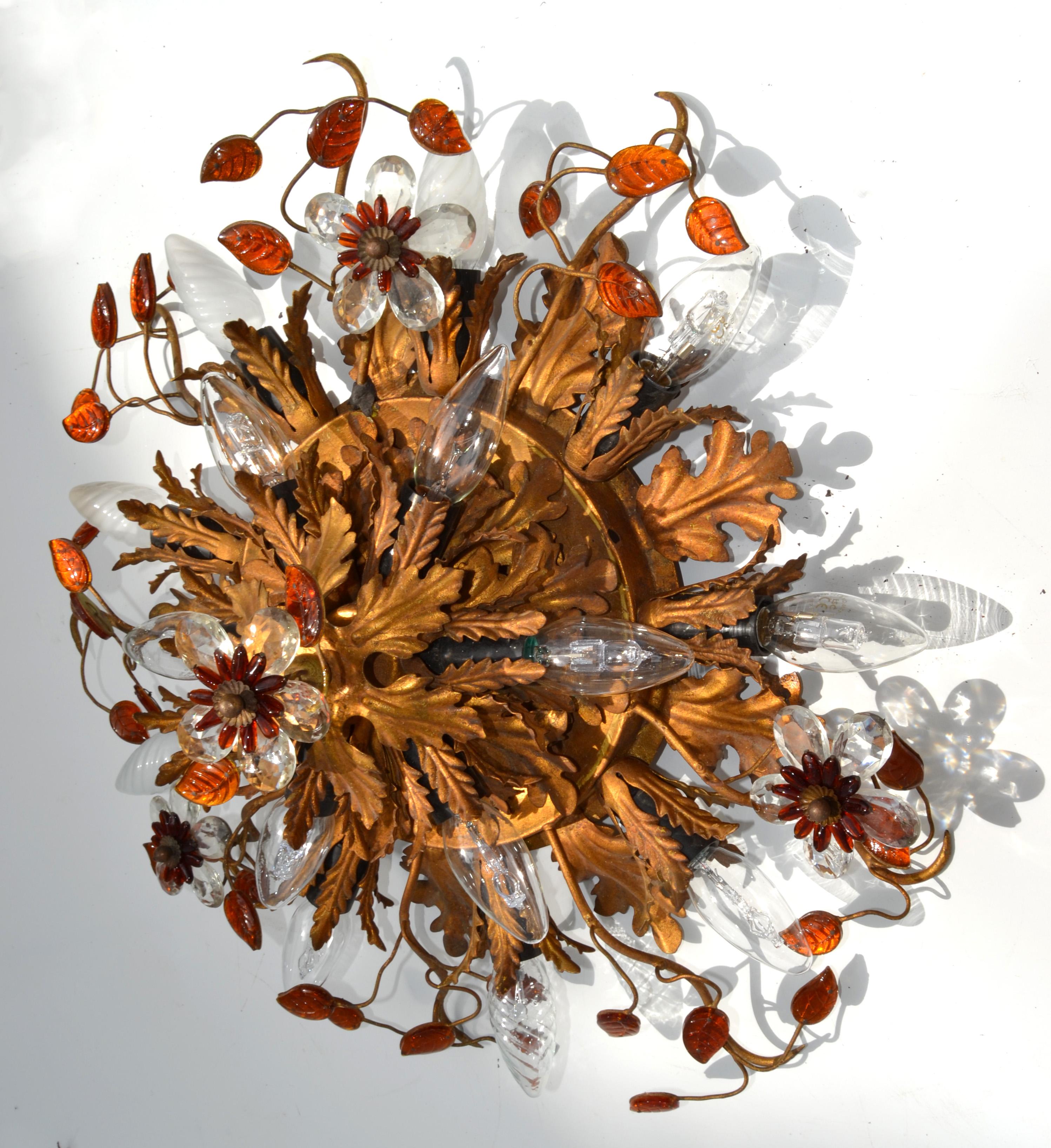 French Art Deco Maison Baguès 15 Lights Flush Mount Glass & Gilt Iron Ceiling Light