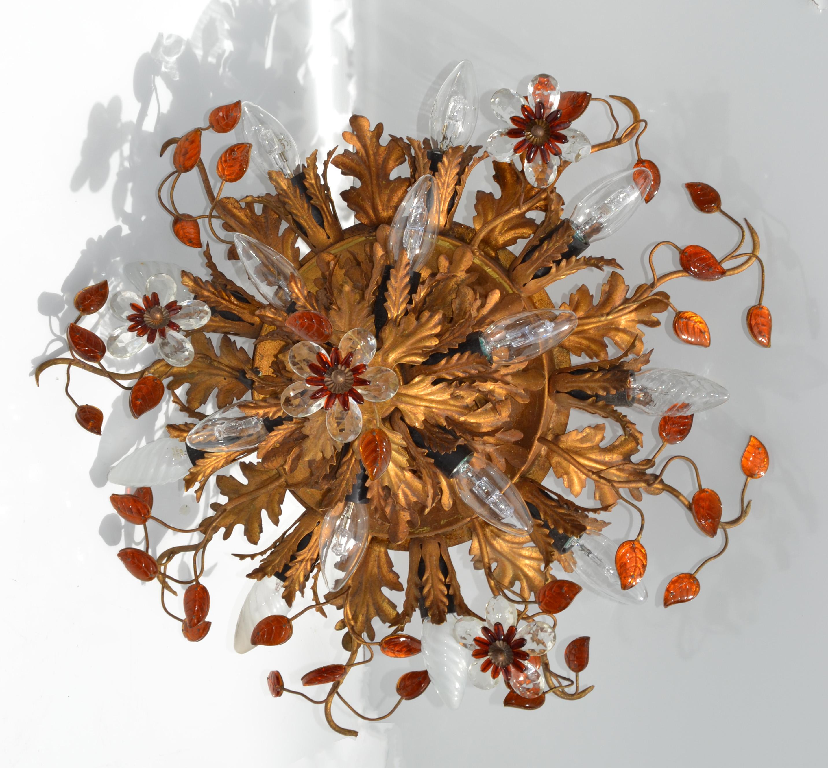 Hand-Crafted Art Deco Maison Baguès 15 Lights Flush Mount Glass & Gilt Iron Ceiling Light