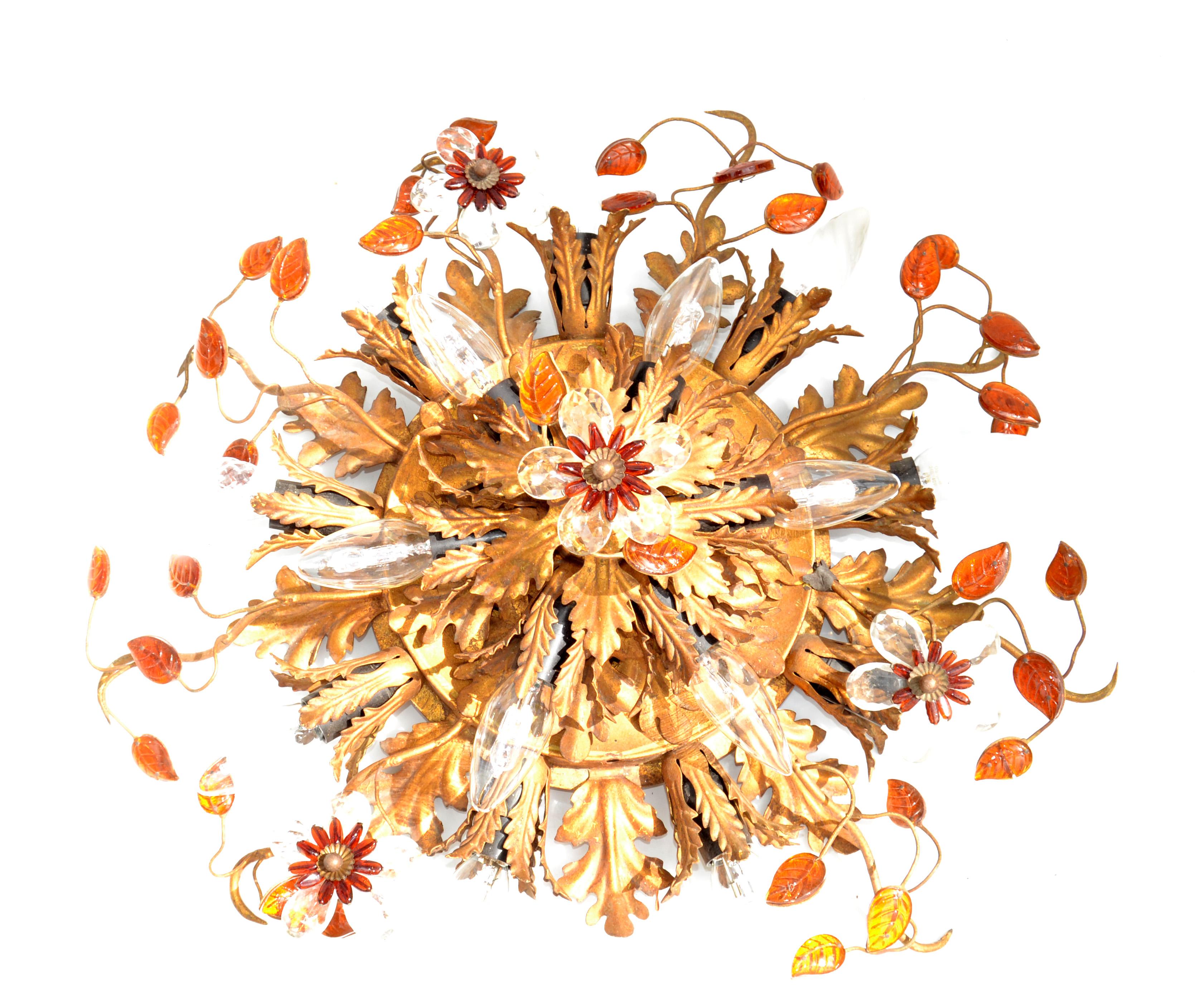 Mid-20th Century Art Deco Maison Baguès 15 Lights Flush Mount Glass & Gilt Iron Ceiling Light