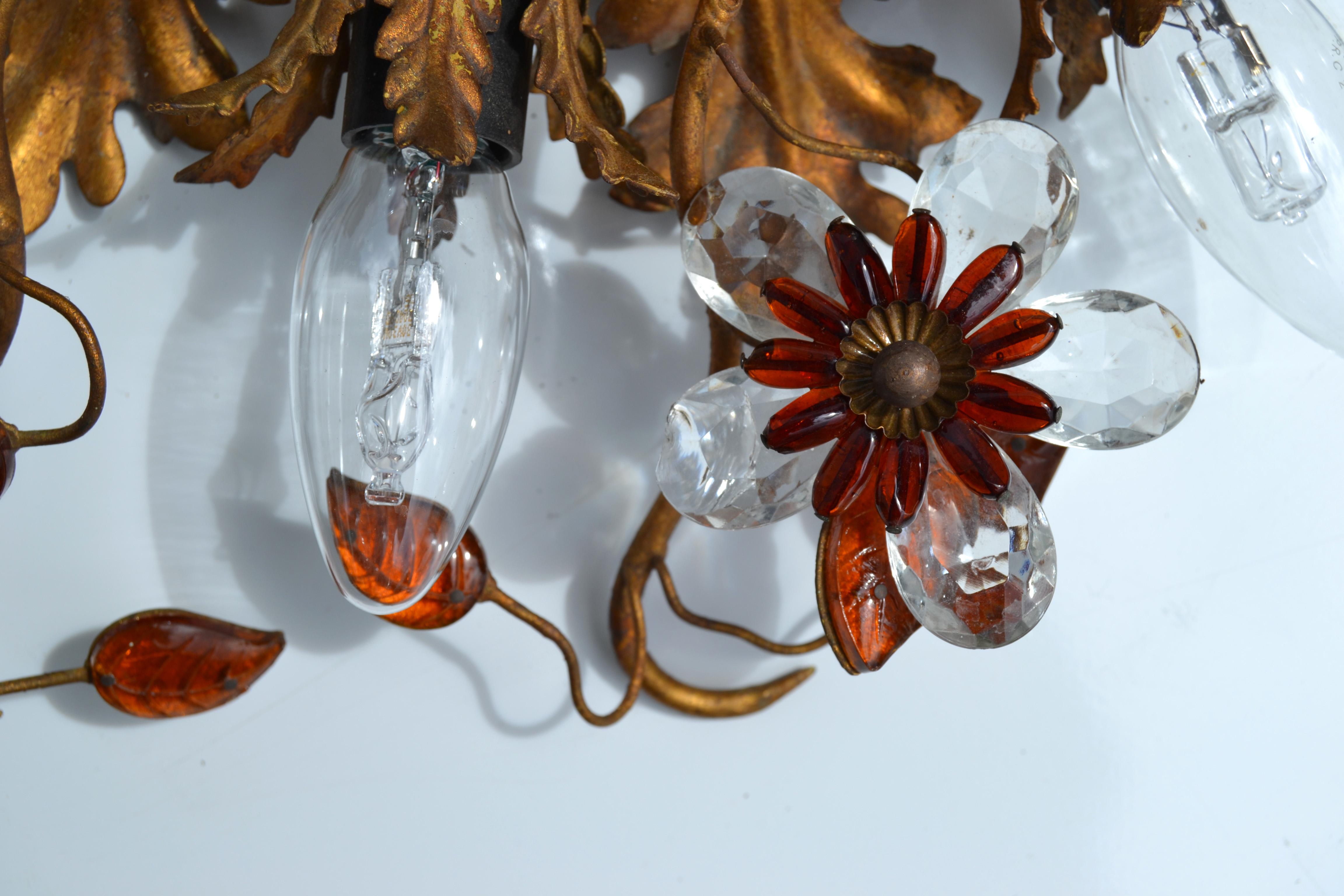 Art Deco Maison Baguès 15 Lights Flush Mount Glass & Gilt Iron Ceiling Light 2