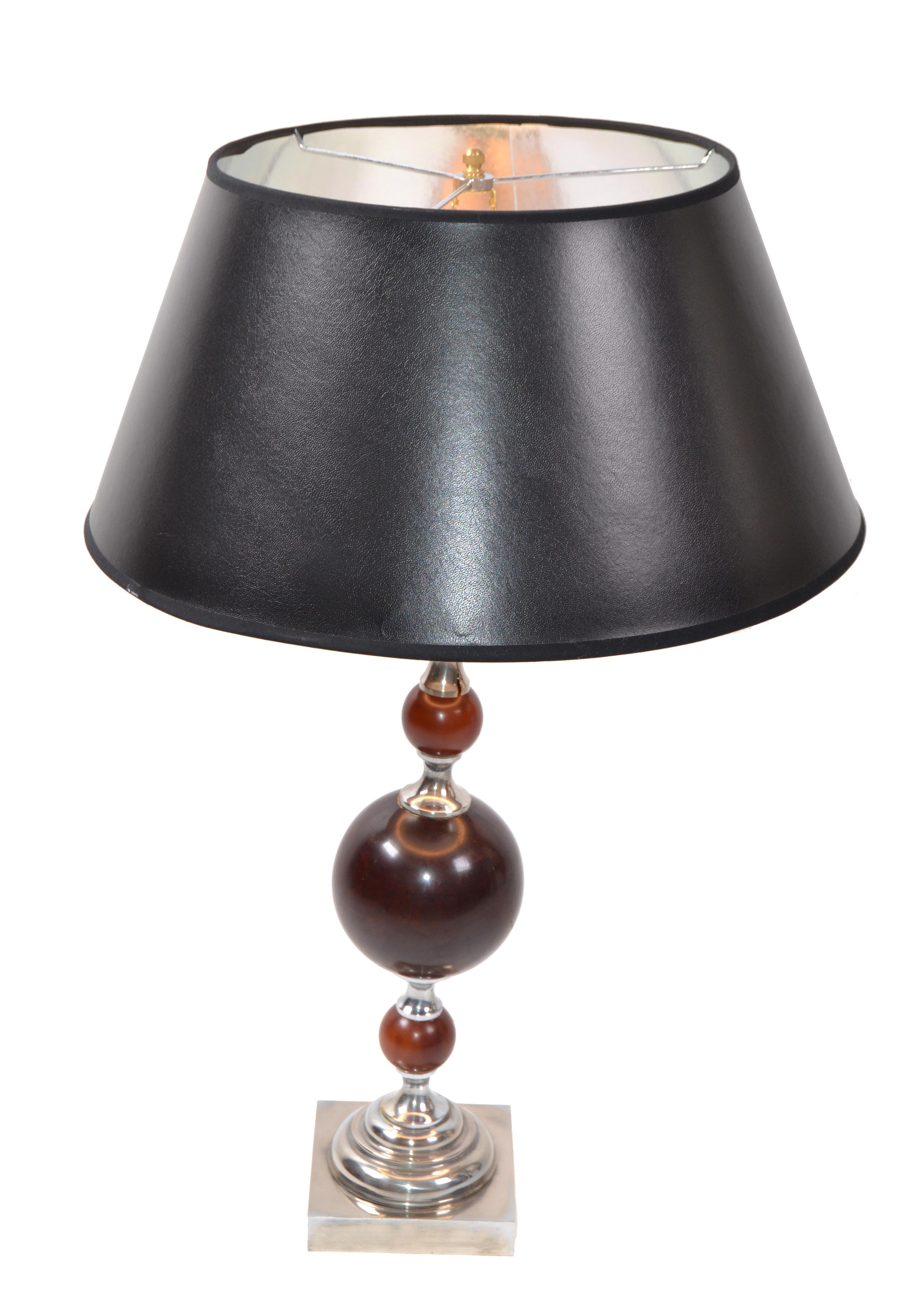 Art Deco Maison Charles style French 3 Burgundy Spheres Nickel-Plated Table Lamp For Sale 7