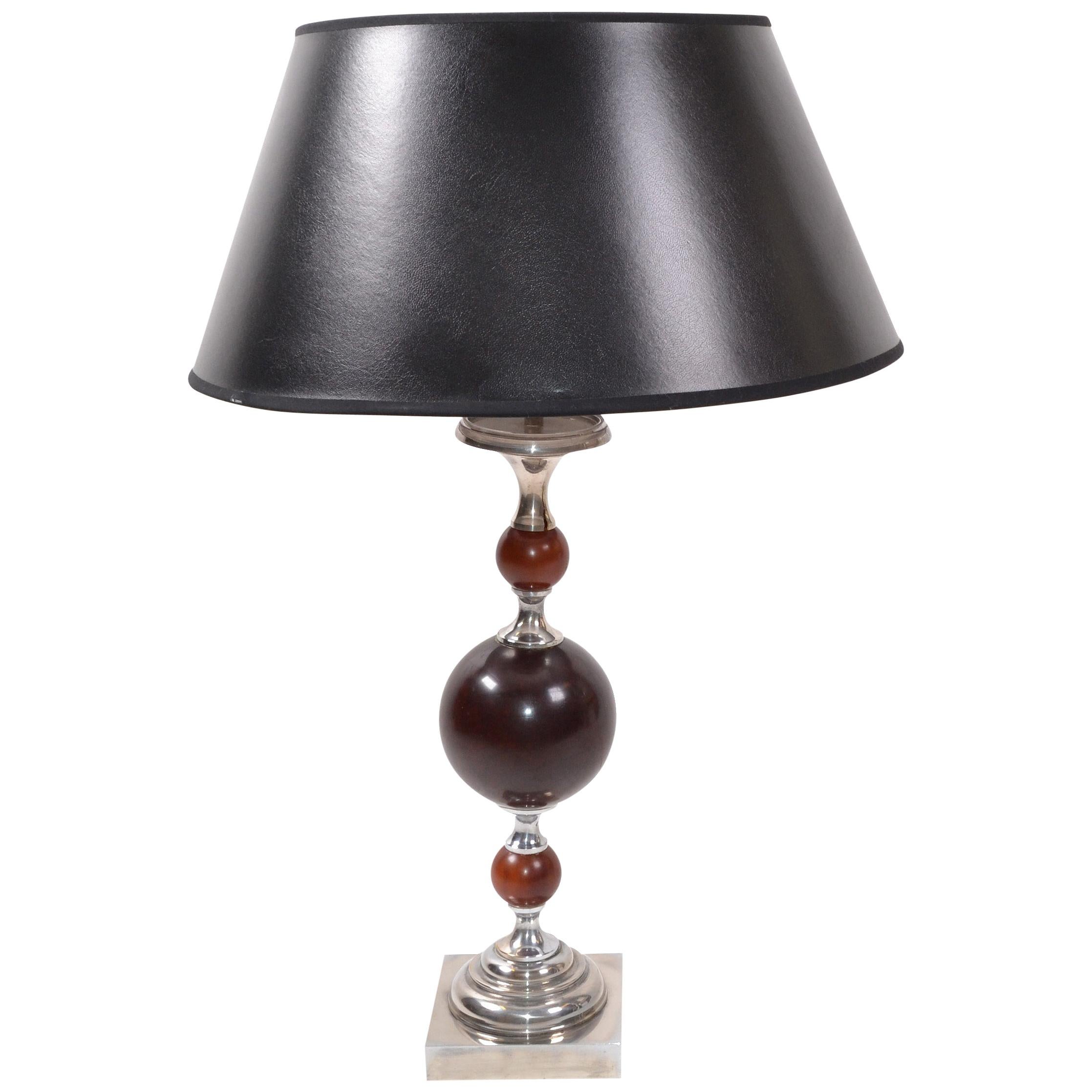 Art Deco Maison Charles style French 3 Burgundy Spheres Nickel-Plated Table Lamp