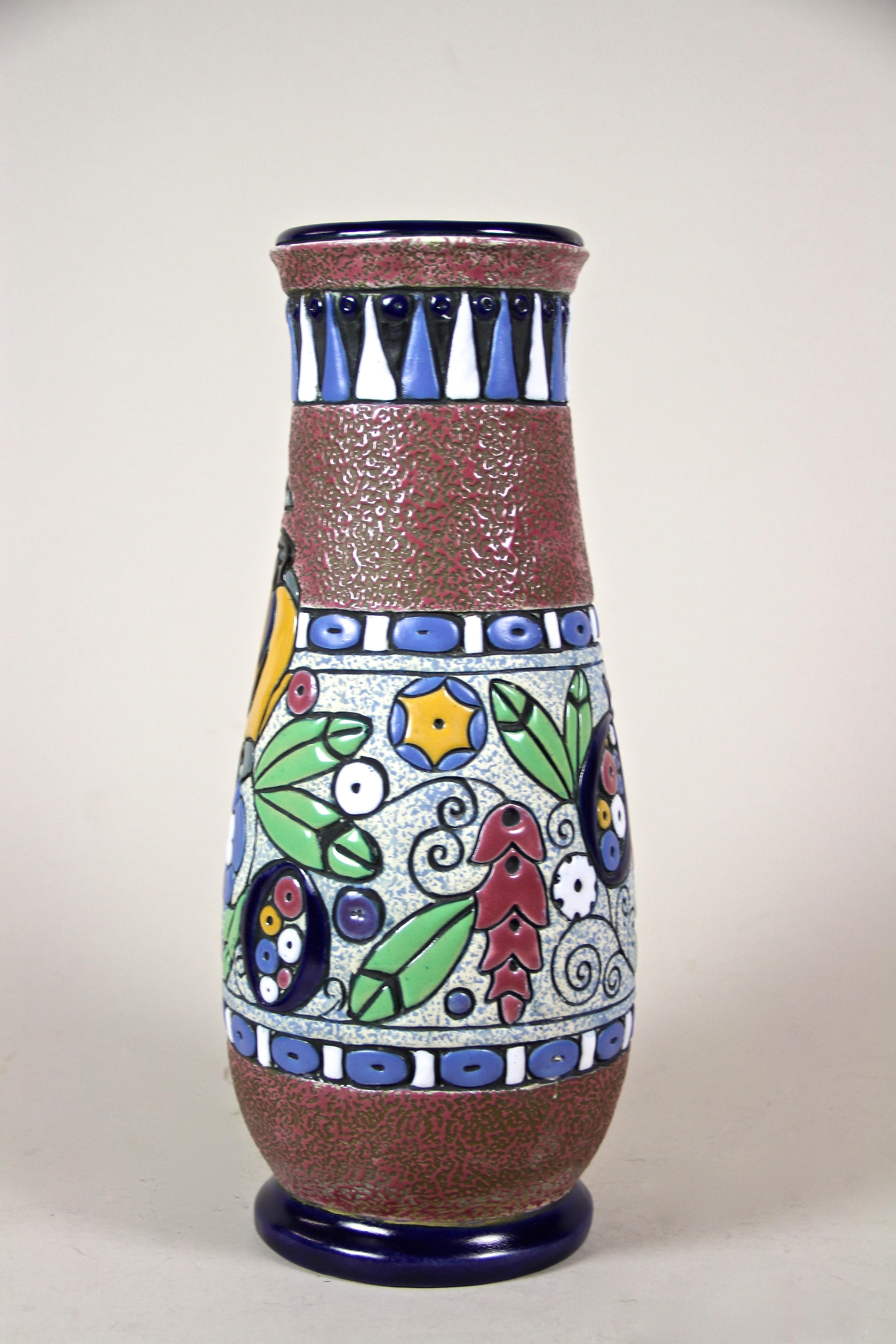 Czech Art Deco Majolica Vase Enamel Painted by Amphora CZ, 20th Century, circa 1920