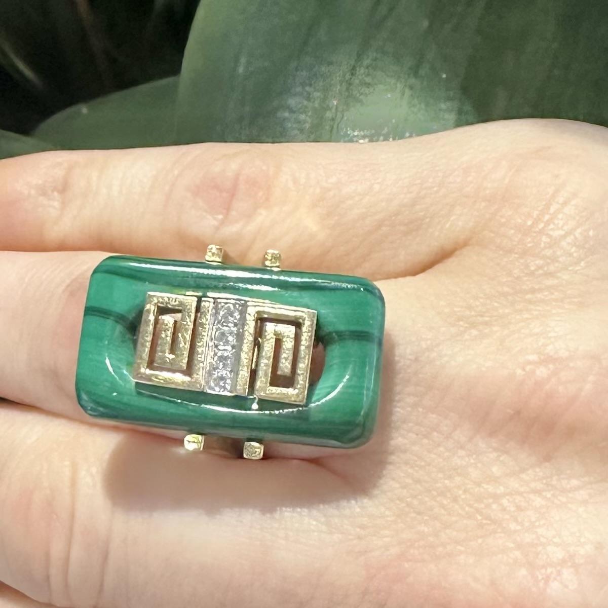 Square Cut Art Deco Malachite and Diamond Ring in 14k Yellow Gold, Sizable For Sale