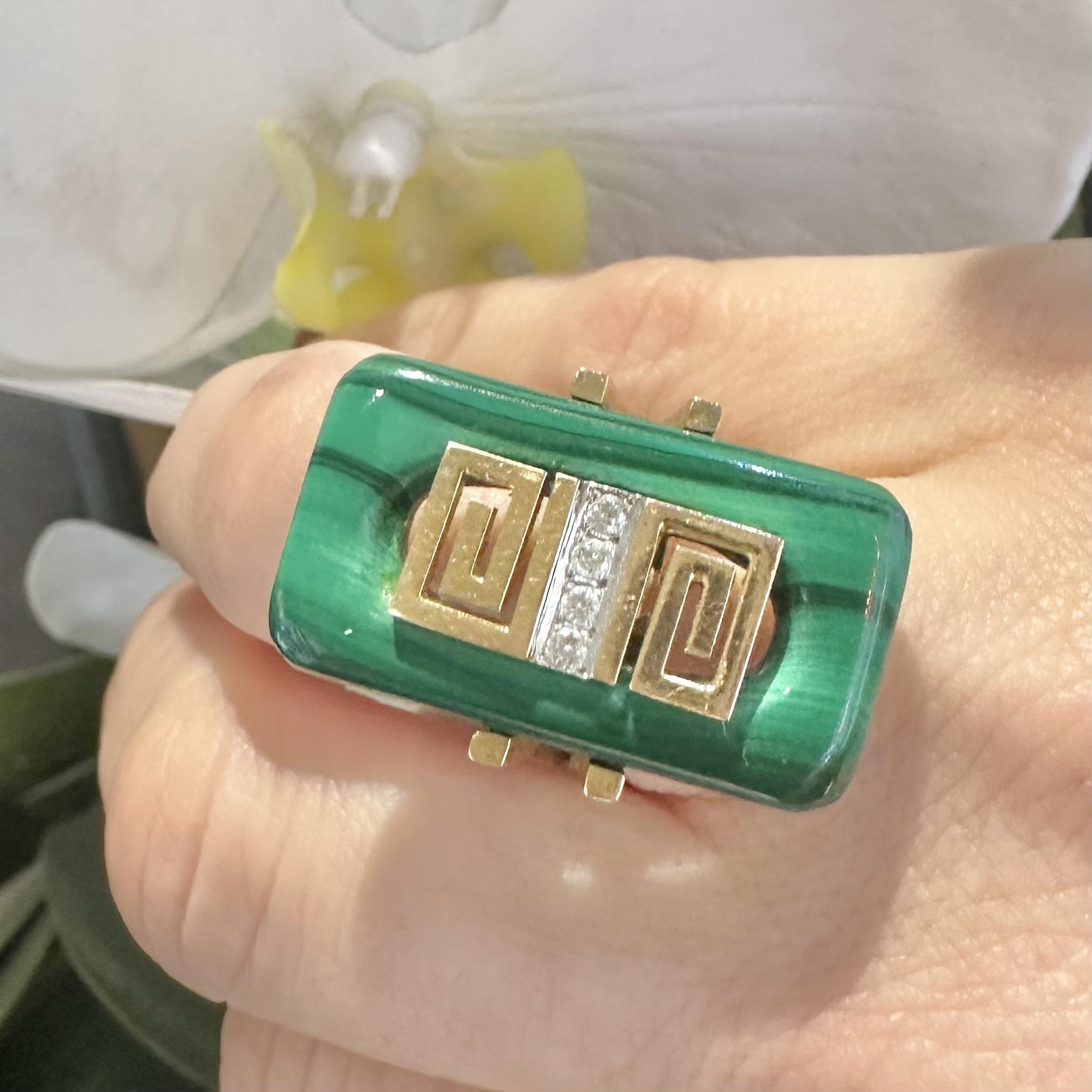 Women's or Men's Art Deco Malachite and Diamond Ring in 14k Yellow Gold, Sizable For Sale