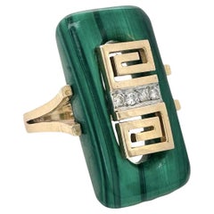 Art Deco Malachite and Diamond Ring in 14k Yellow Gold, Sizable