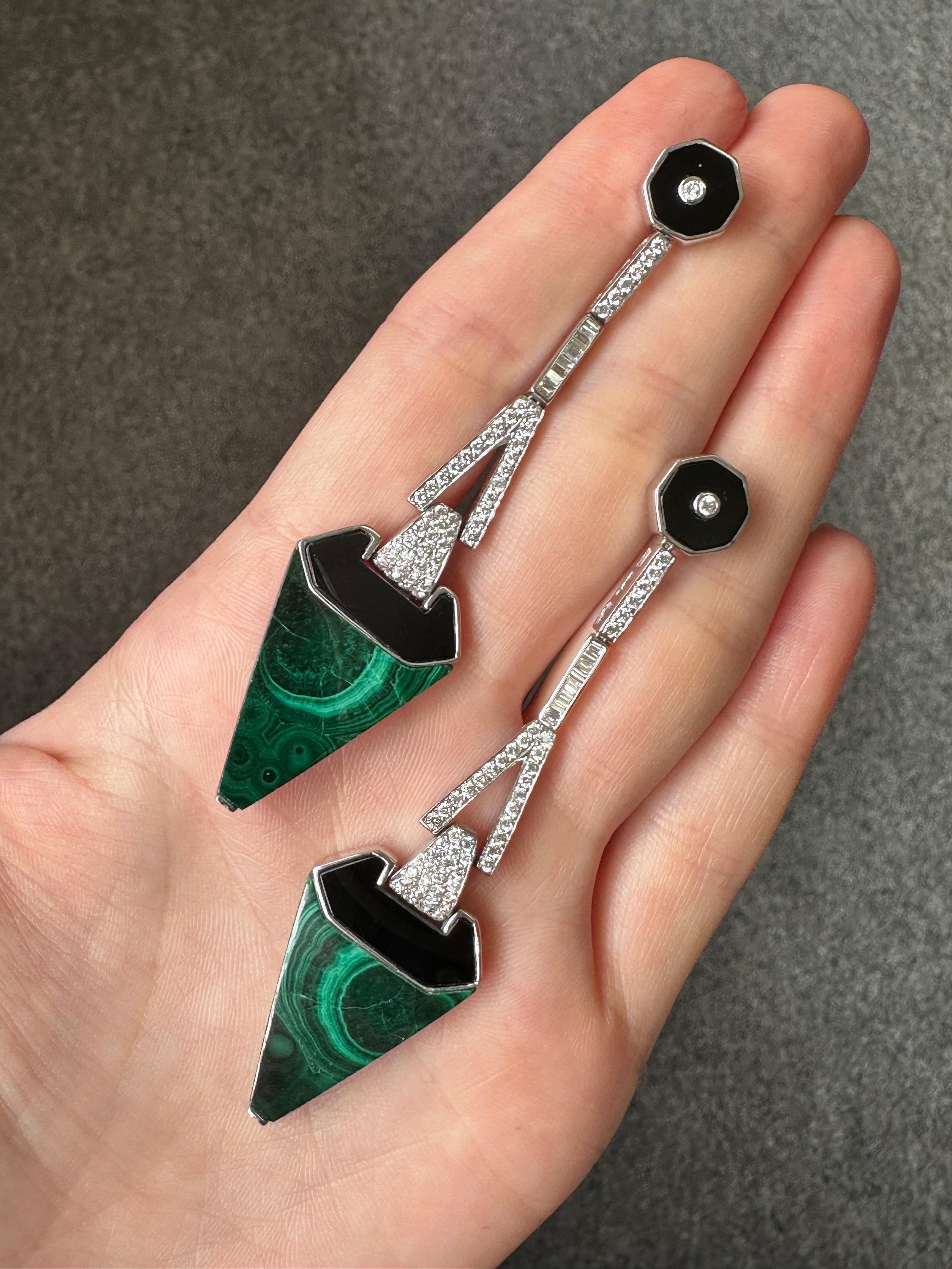 Art-Deco Malachite and Onyx Dangle Earring For Sale 2