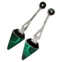 Art-Deco Malachite and Onyx Dangle Earring