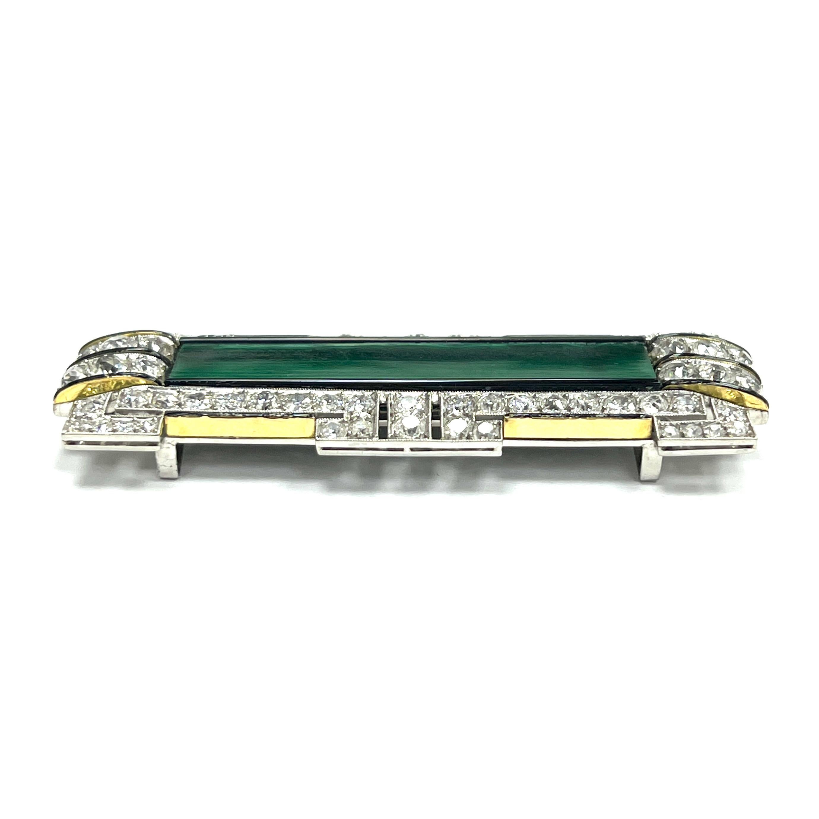 Mixed Cut Art Deco Malachite Bar Diamond Black Onyx Pin Brooch For Sale