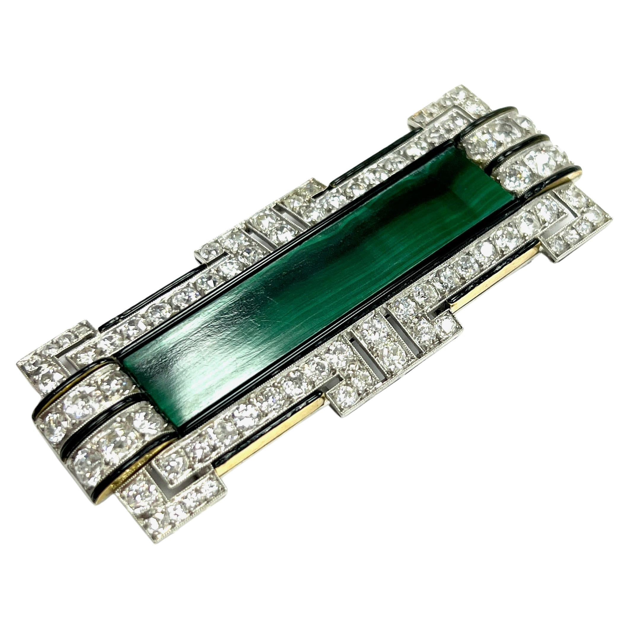 Art Deco Malachite Bar Diamond Black Onyx Pin Brooch In Excellent Condition For Sale In New York, NY
