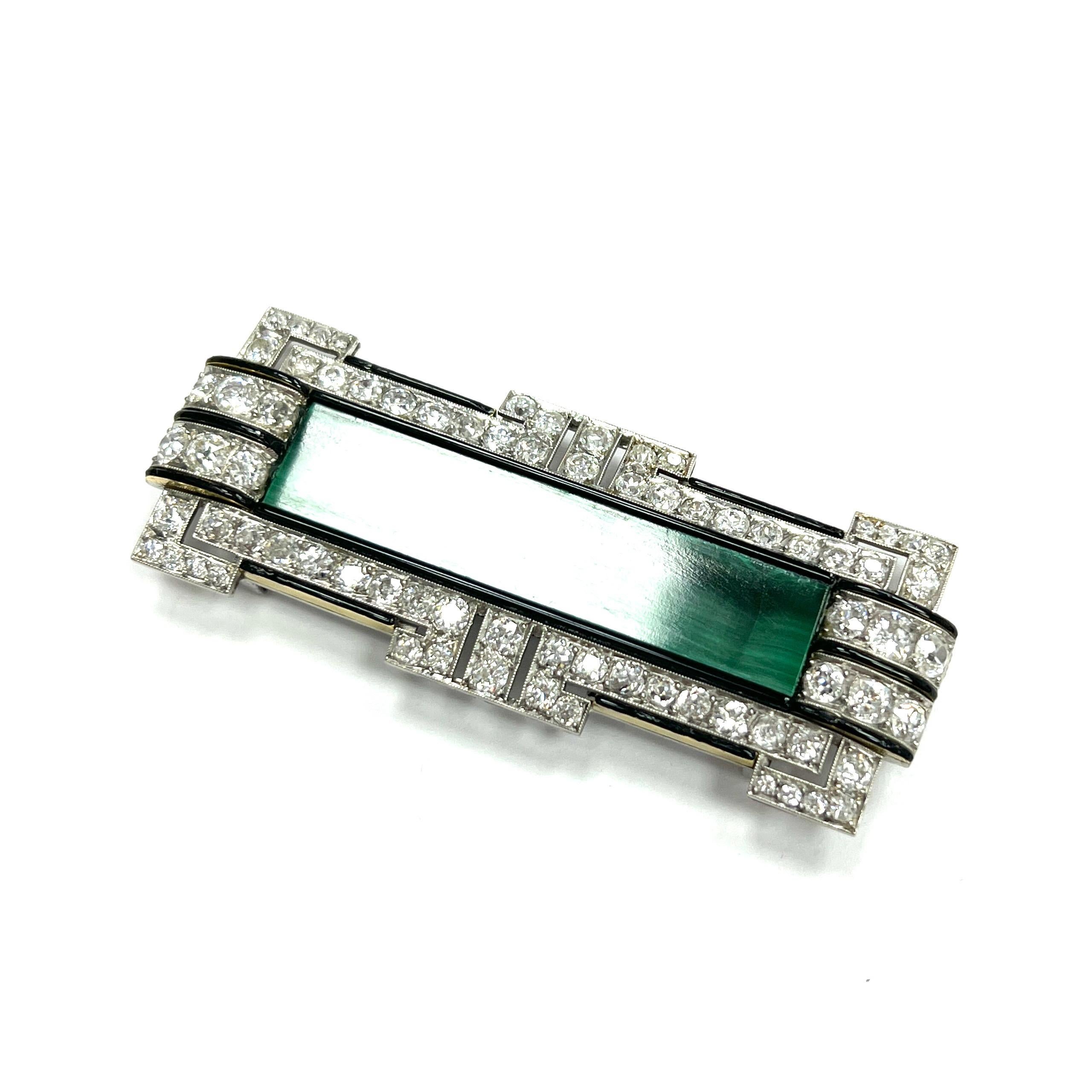 Women's or Men's Art Deco Malachite Bar Diamond Black Onyx Pin Brooch For Sale