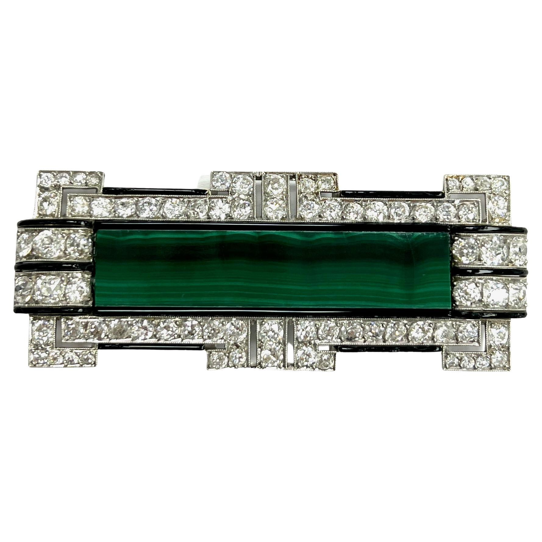 Art Deco Malachite Bar Diamond Black Onyx Pin Brooch For Sale