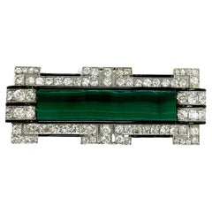 Antique Art Deco Malachite Bar Diamond Black Onyx Pin Brooch
